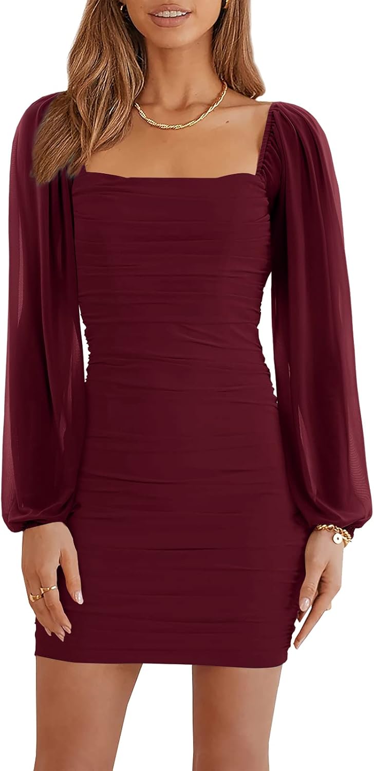 Ofenbuy Women's Mesh Long Sleeve Dress Square Neck Ruched Mini Bodycon Dress Str...
