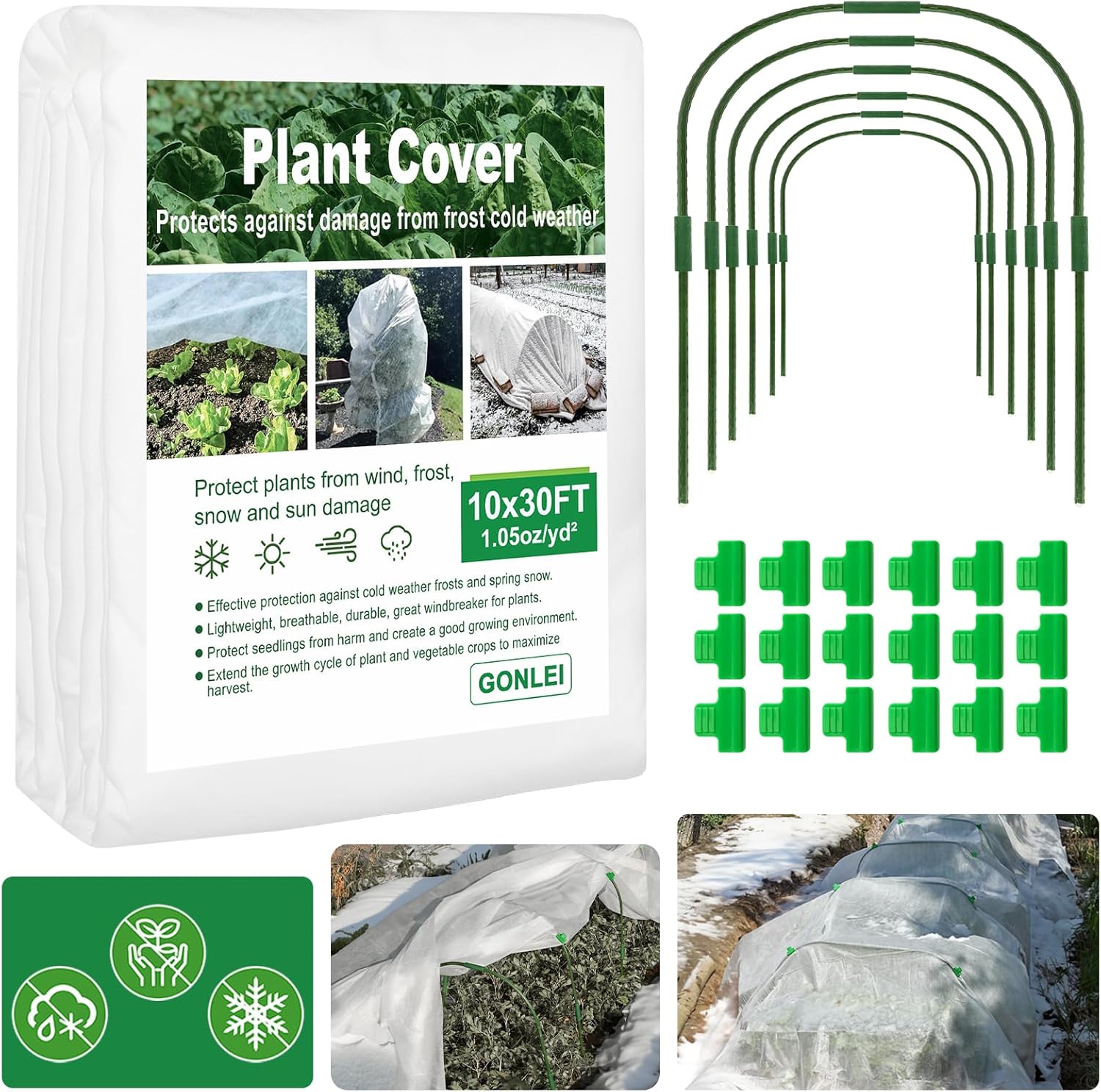 GonLei Plant Covers Freeze Protection Kit 10x30 ft Plant Blanket (6 Pcs Garden H...