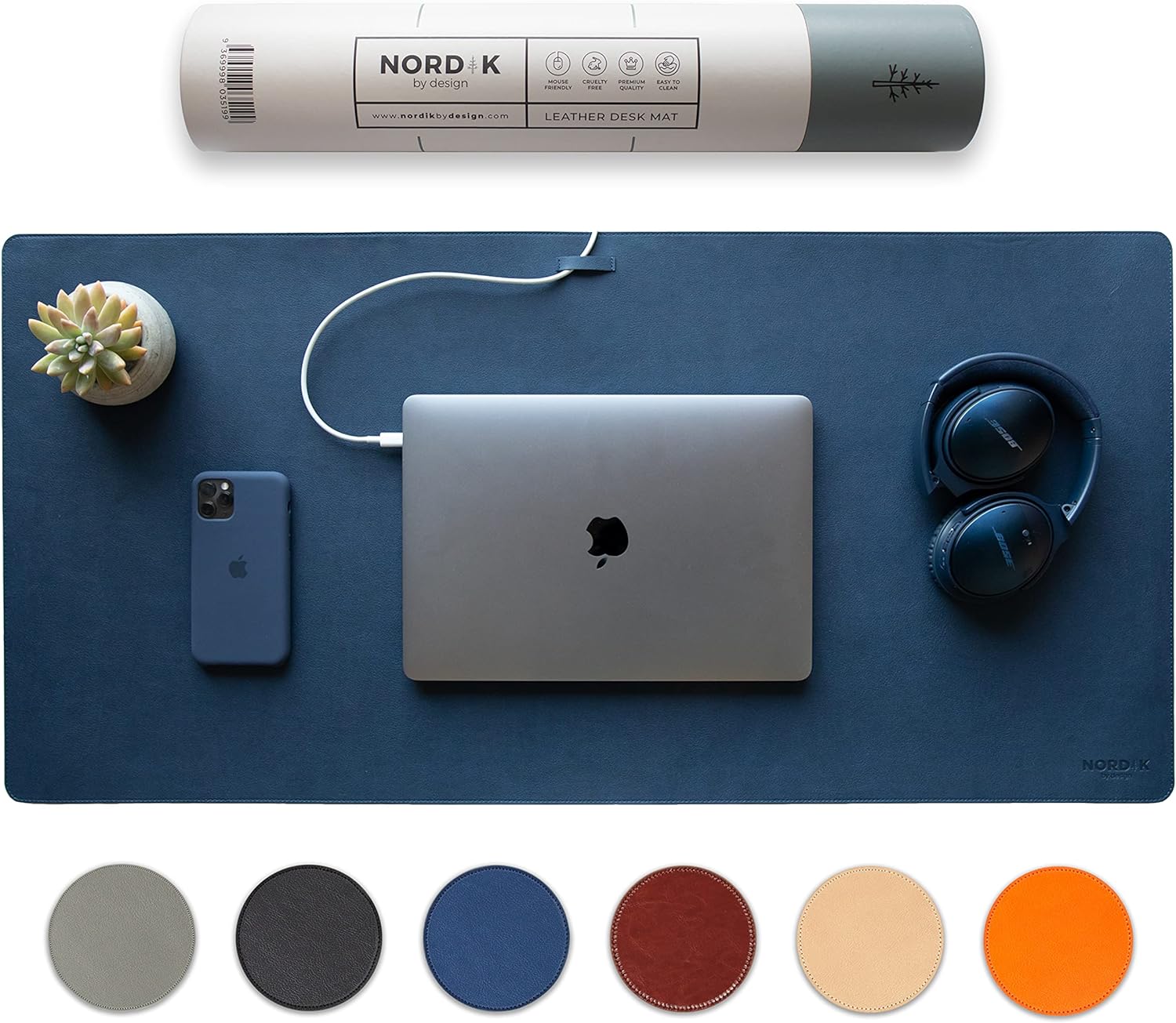 Nordik Leather Desk Mat Cable Organiser (Midnight Blue 89 X 43 cm) Premium Exten...
