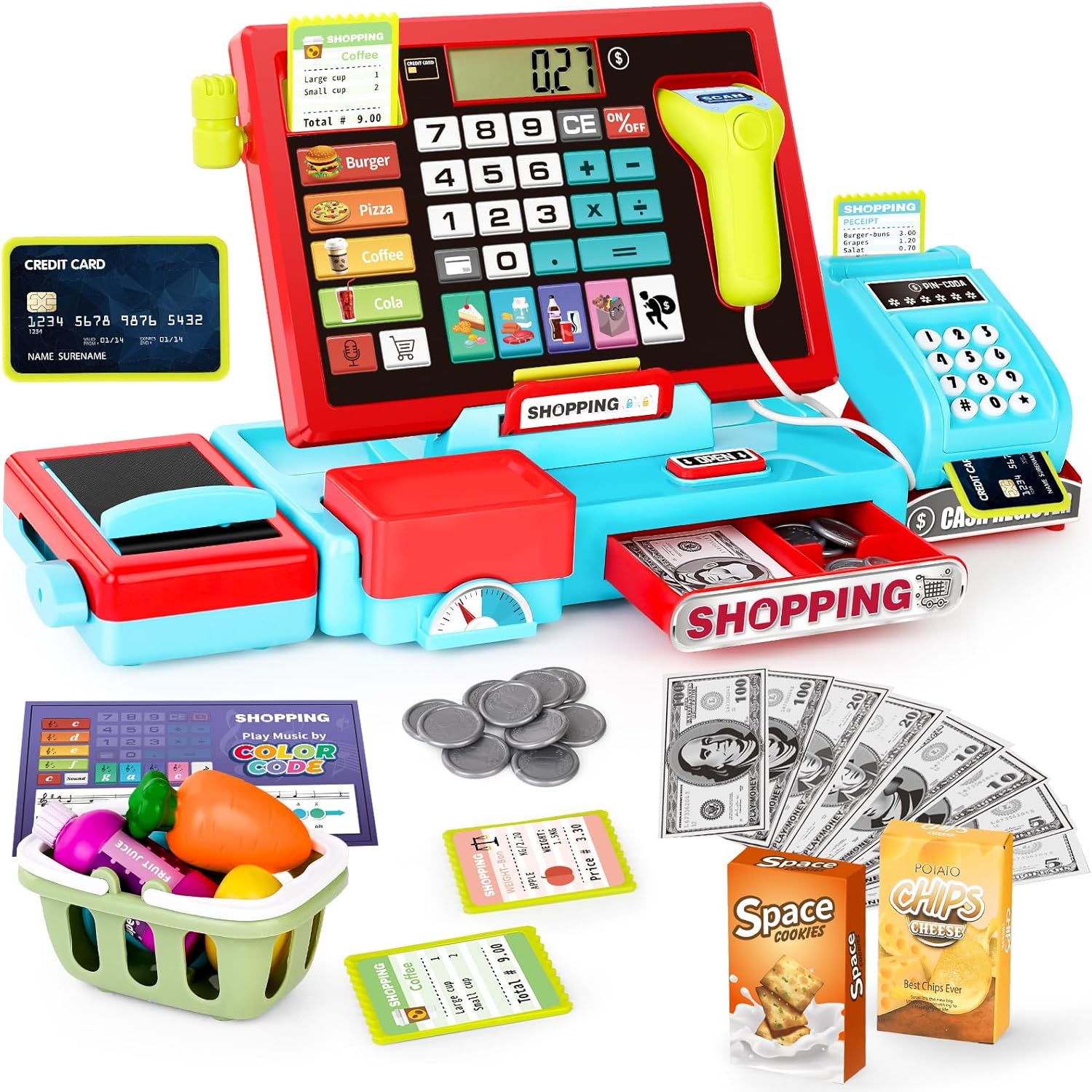 Cash Register Toy for Kids-52PCS Calculator Cash Register, Pretend Play Store Sh...