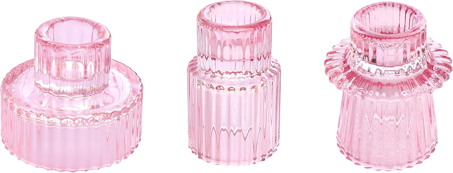 Vixdonos Pink Candlestick Holders, Special Set of 3 Glass Candle Holders, Unique...
