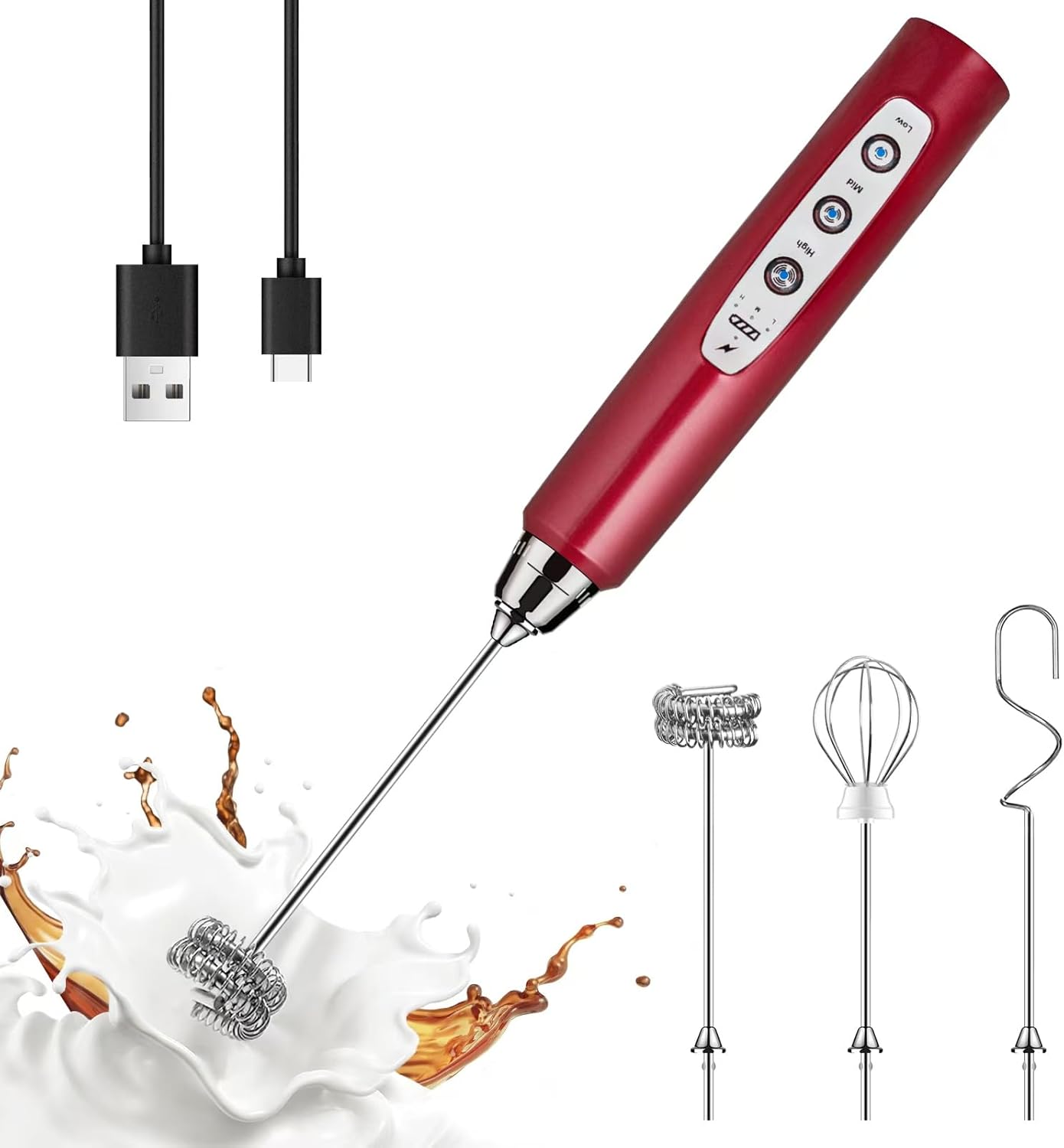 YUSWKO Red Milk Frother Handheld with 3 Heads, Coffee Whisk Foam Mixer with USB...
