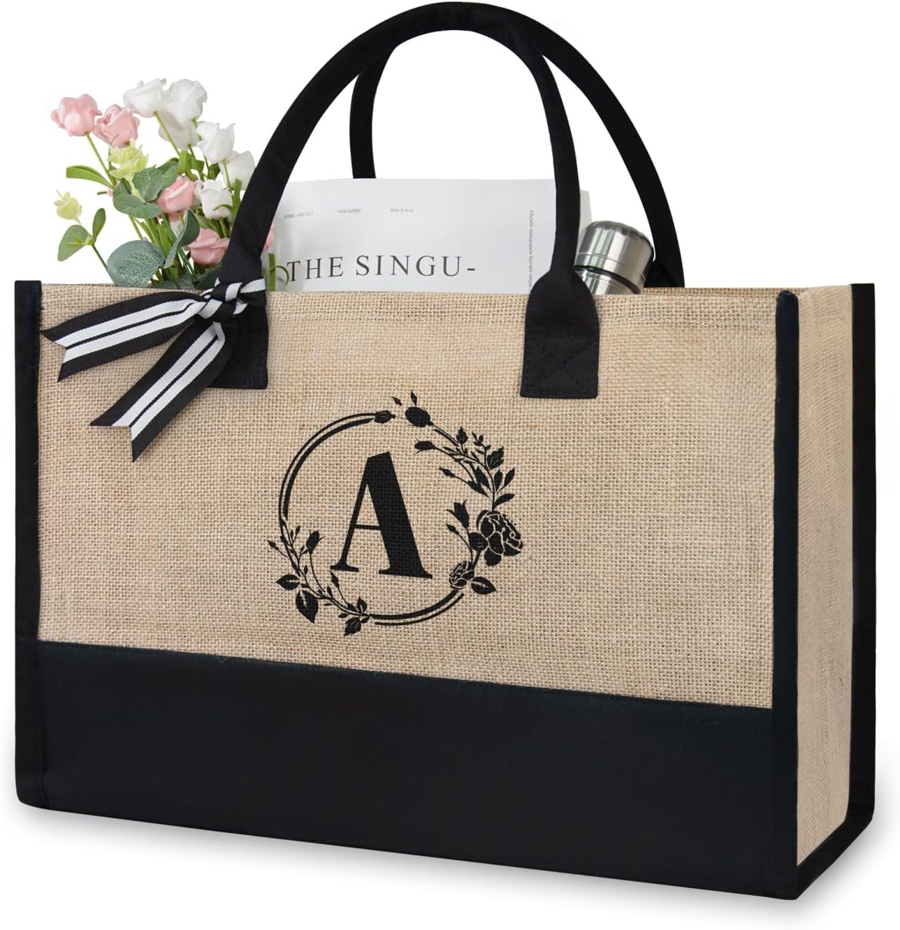 TOPDesign Personalized Initial Jute/Canvas Beach Bag, Special Monogrammed Gift T...