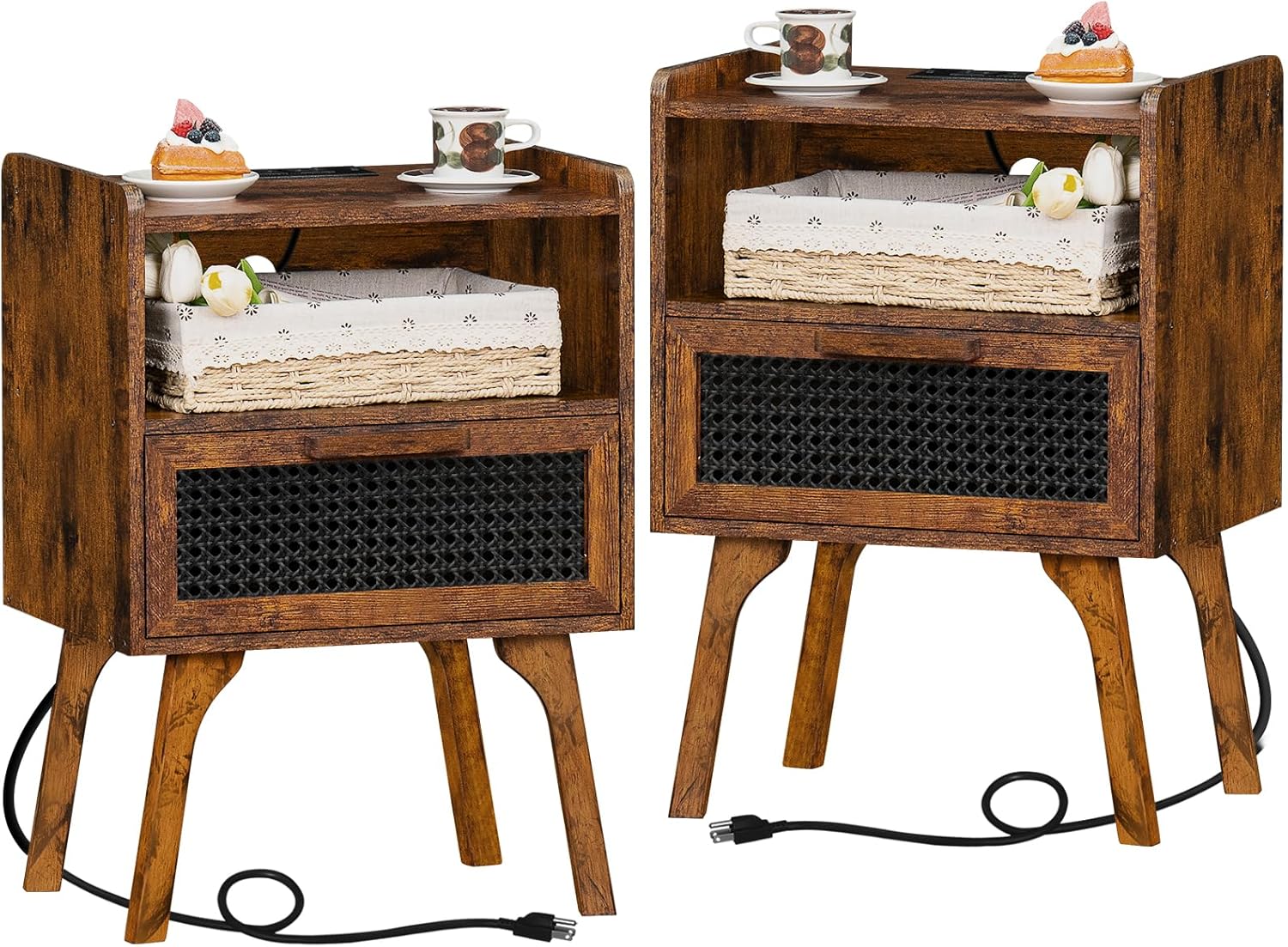 Lerliuo Rattan Nightstands Set of 2 with Charging Station, Boho Side Table with...