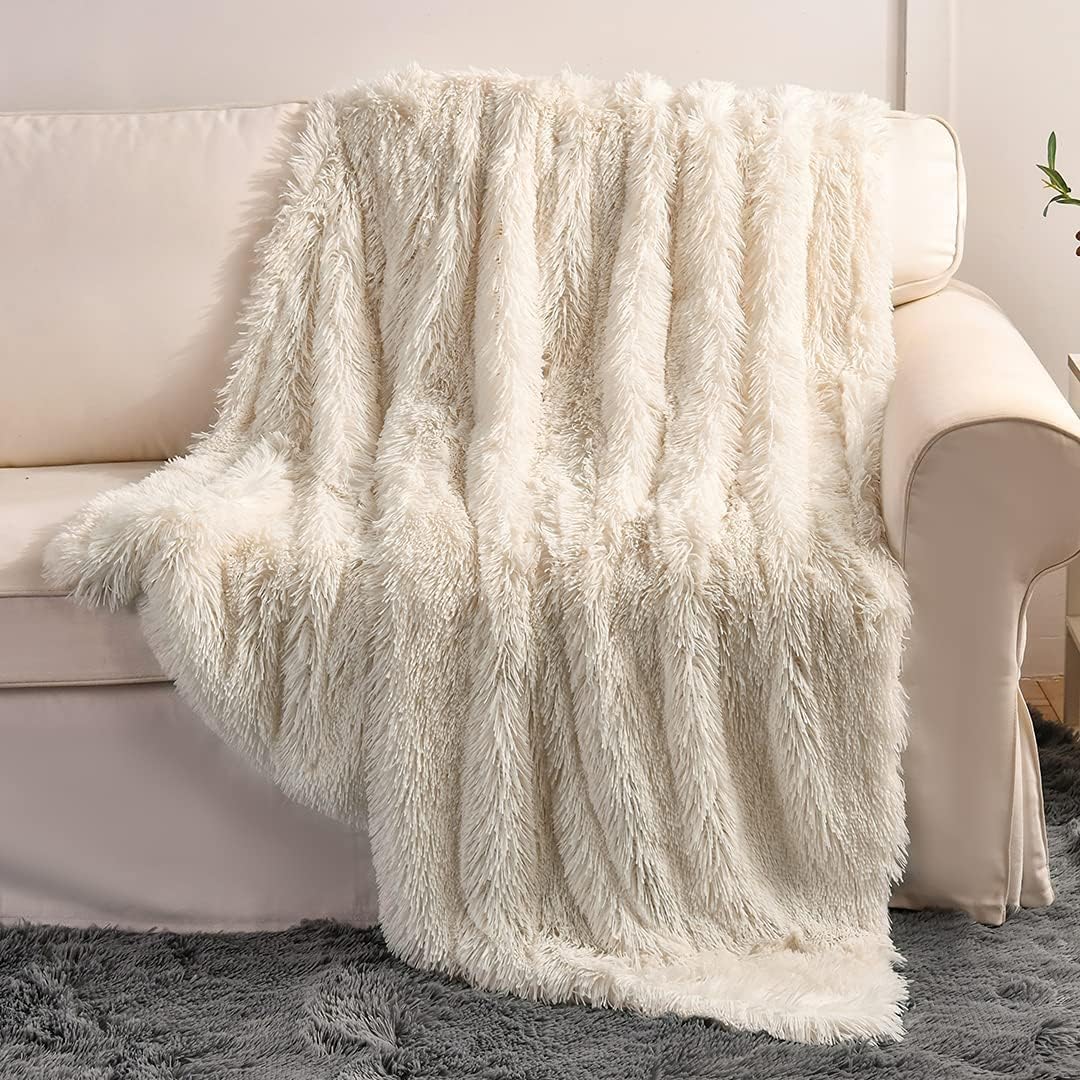 YUSOKI Cream White Faux Fur Throw Blanket,2 Layers,50" x 60" Cozy Plush Fluffy B...