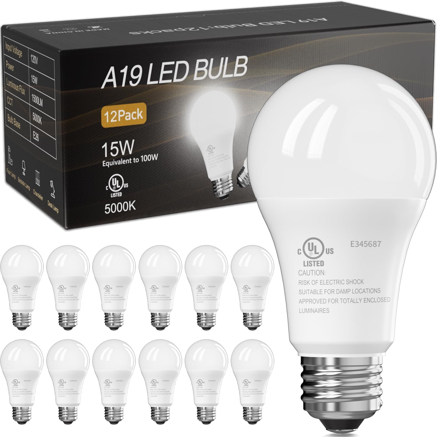 TJOY LED Light Bulbs, 100 Watt Equivalent A19, 5000K Daylight LED Bulbs, 15W Bri...
