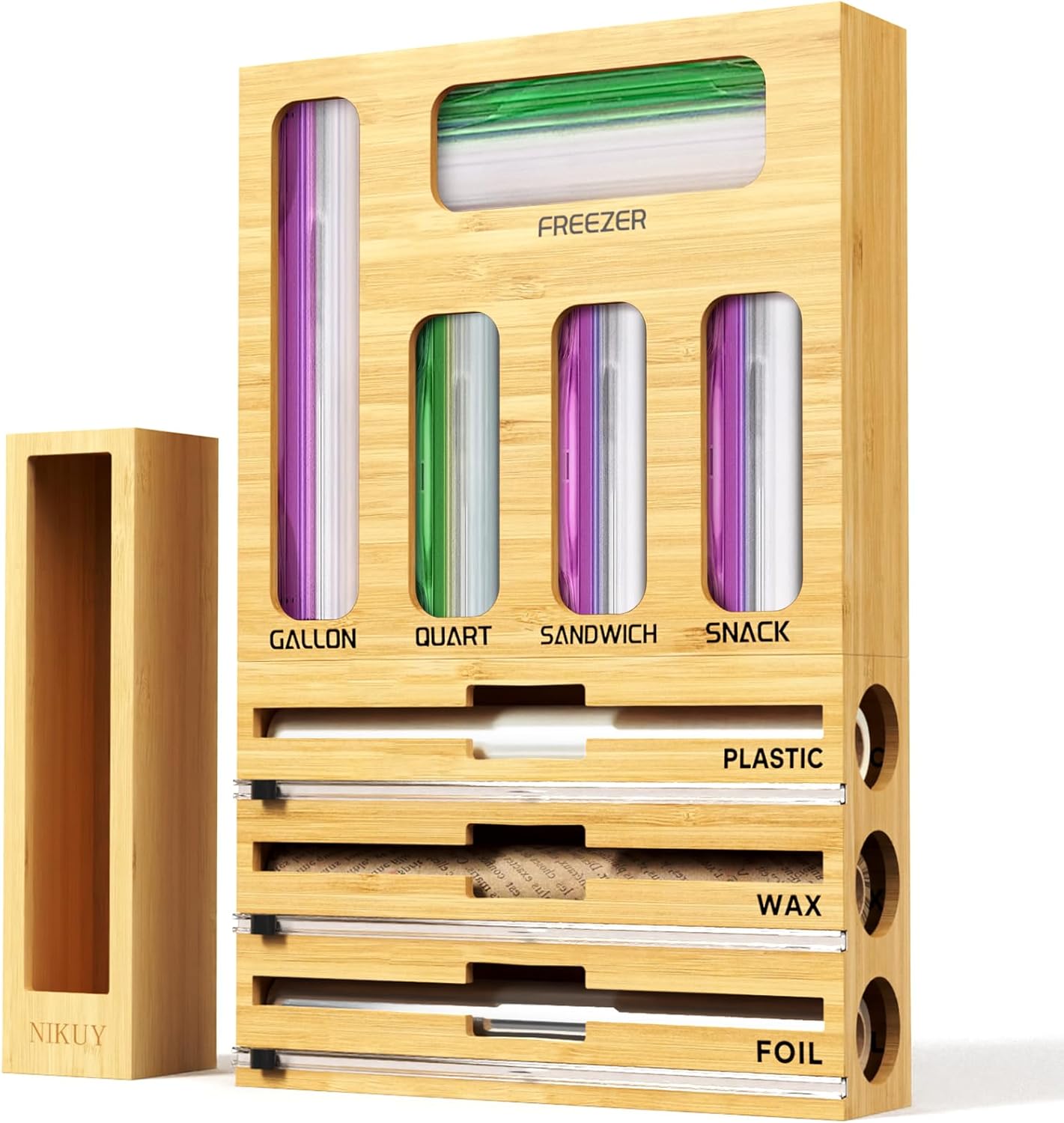 9 IN 1 Bamboo Foil and Plastic Wrap Organizer for Kitchen Drawer, Plastic Bag Or...
