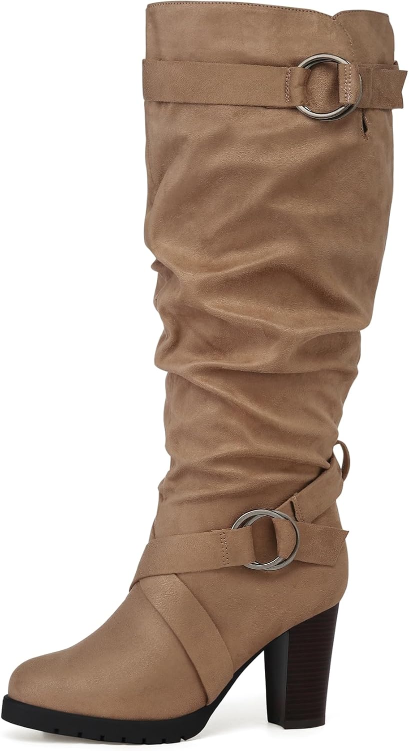 mysoft Women's Wide/Extra Wide Calf Knee High Boots Fashion Chunky Block Heel Pu...
