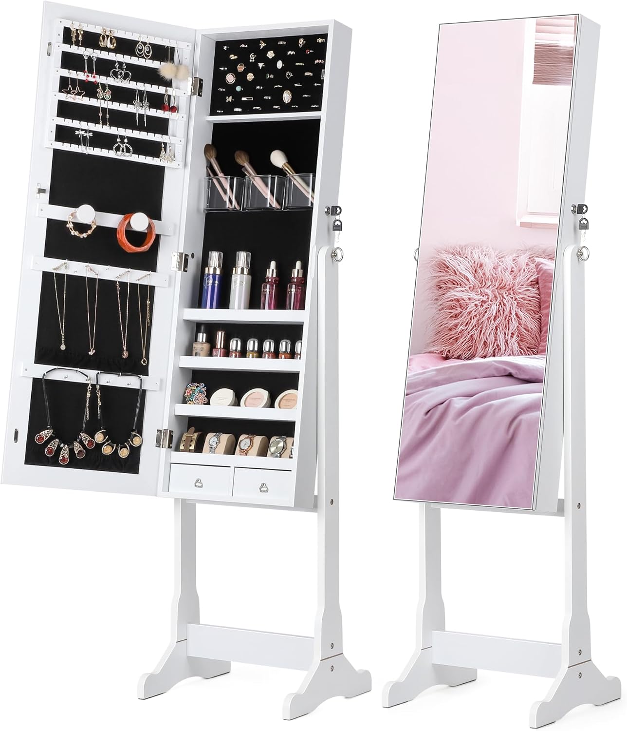 Nicetree Jewelry Cabinet with Full-Length Mirror, Standing Lockable Jewelry Armo...