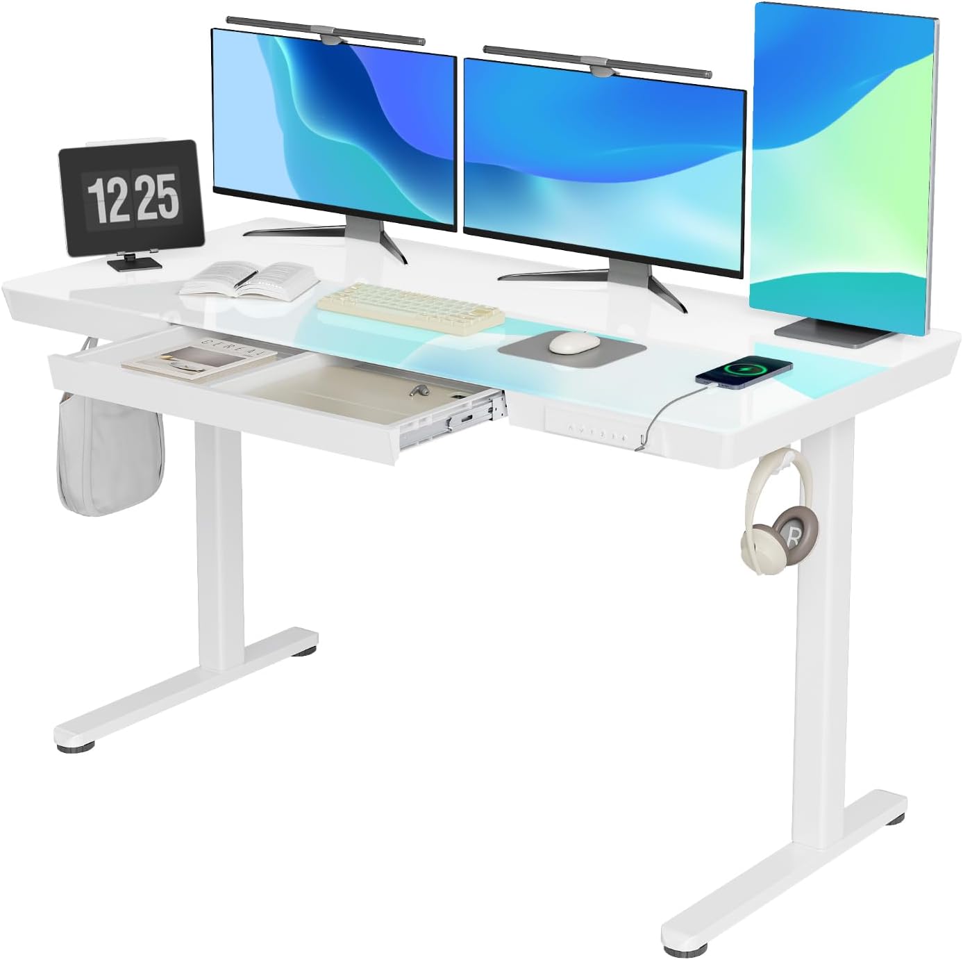 Glass Standing Desk with Drawers, 55 Inch Adjustable Stand Up Desk, Quick Instal...