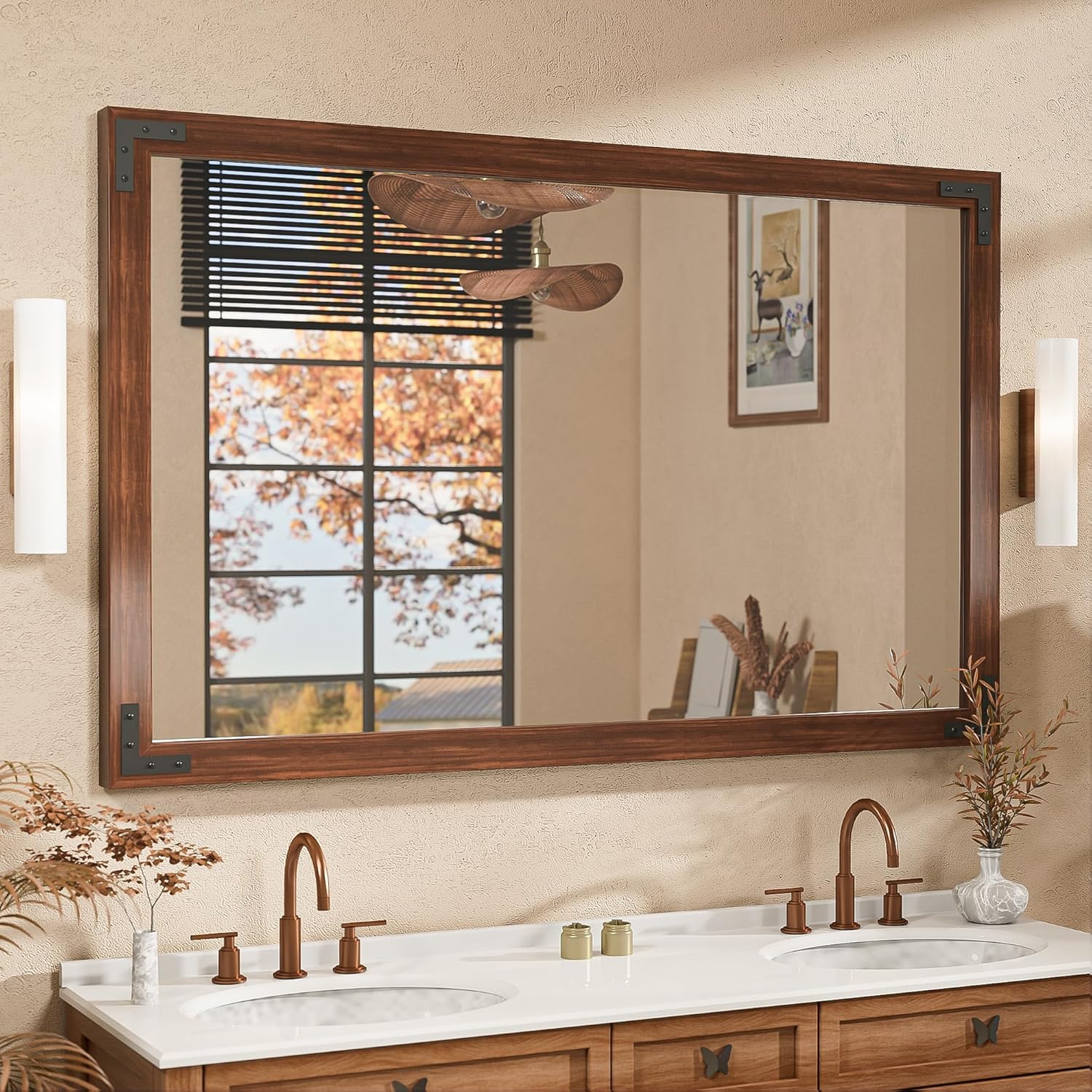 TETOTE Brown Wood Framed Wall Mirror for Bathroom 48 x 30 Rustic Brown Wooden Re...
