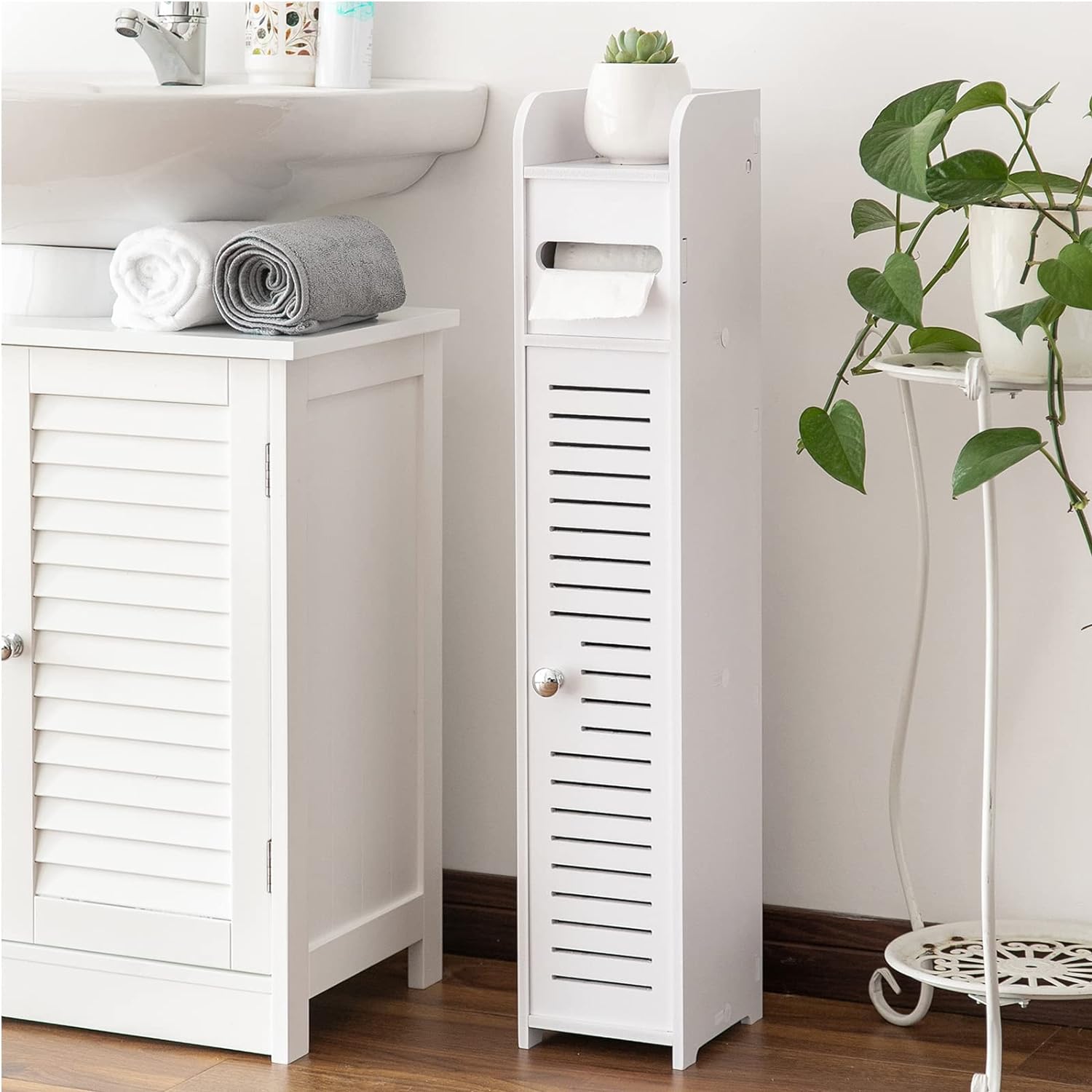 AOJEZOR Toilet Paper Holder Stand: Small Bathroom Storage Cabinet for Small Spac...