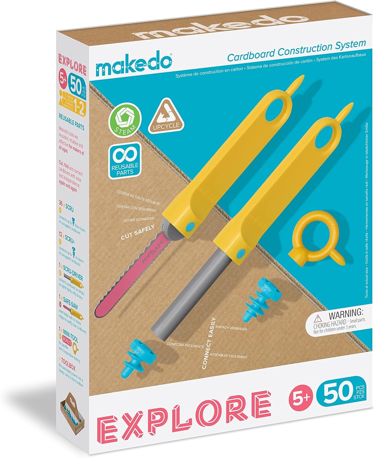 Makedo Explore, Upcycled Cardboard Construction Toolkit in Small Toolbox (50 Pie...