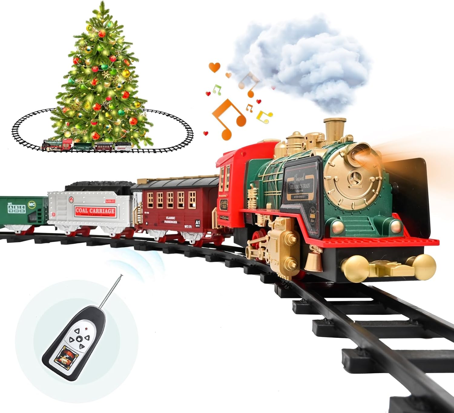 FANL Electric Christmas Train Set - Steam Locomotive Engine, Cargo Cars, Tracks...