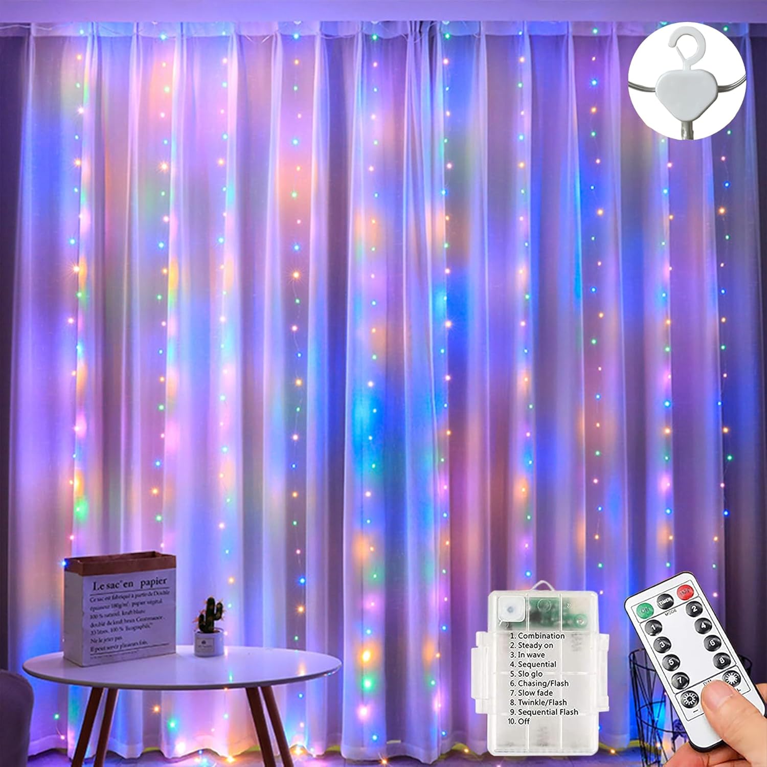 Lezonic Battery Curtain Lights, 3m x 3m 300LED Curtain Fairy Lights with Remote,...