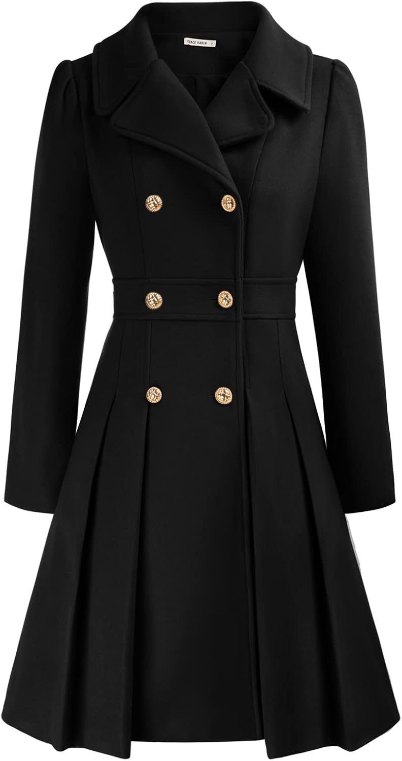 GRACE KARIN Women Winter Trench Coat Long Puffed Sleeves Lapel Collar Double-Bre...