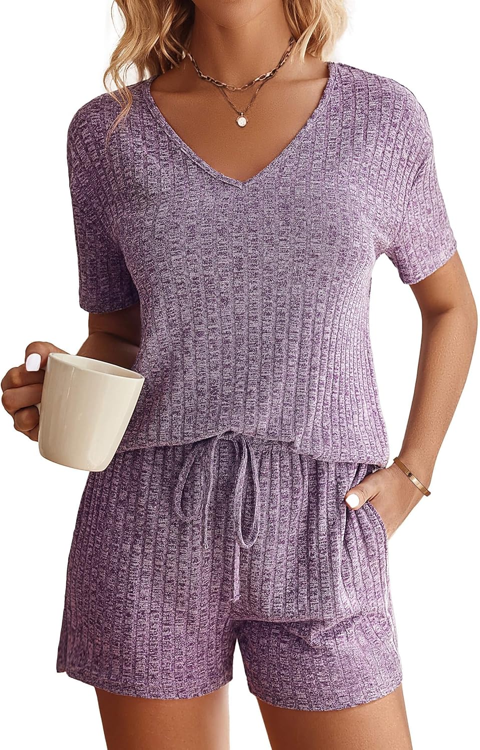 Ekouaer Womens Ribbed Knit Lounge Set, Special Womens Lounge Pajama Set with Sho...