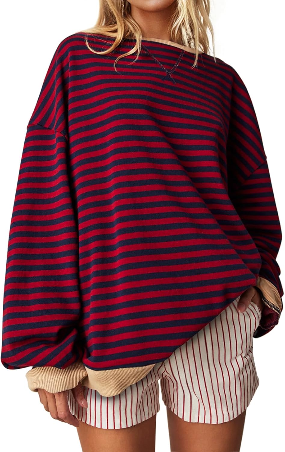 UEU Women Oversized Striped Crewneck Sweatshirt Long Sleeve Color Block Pullover...