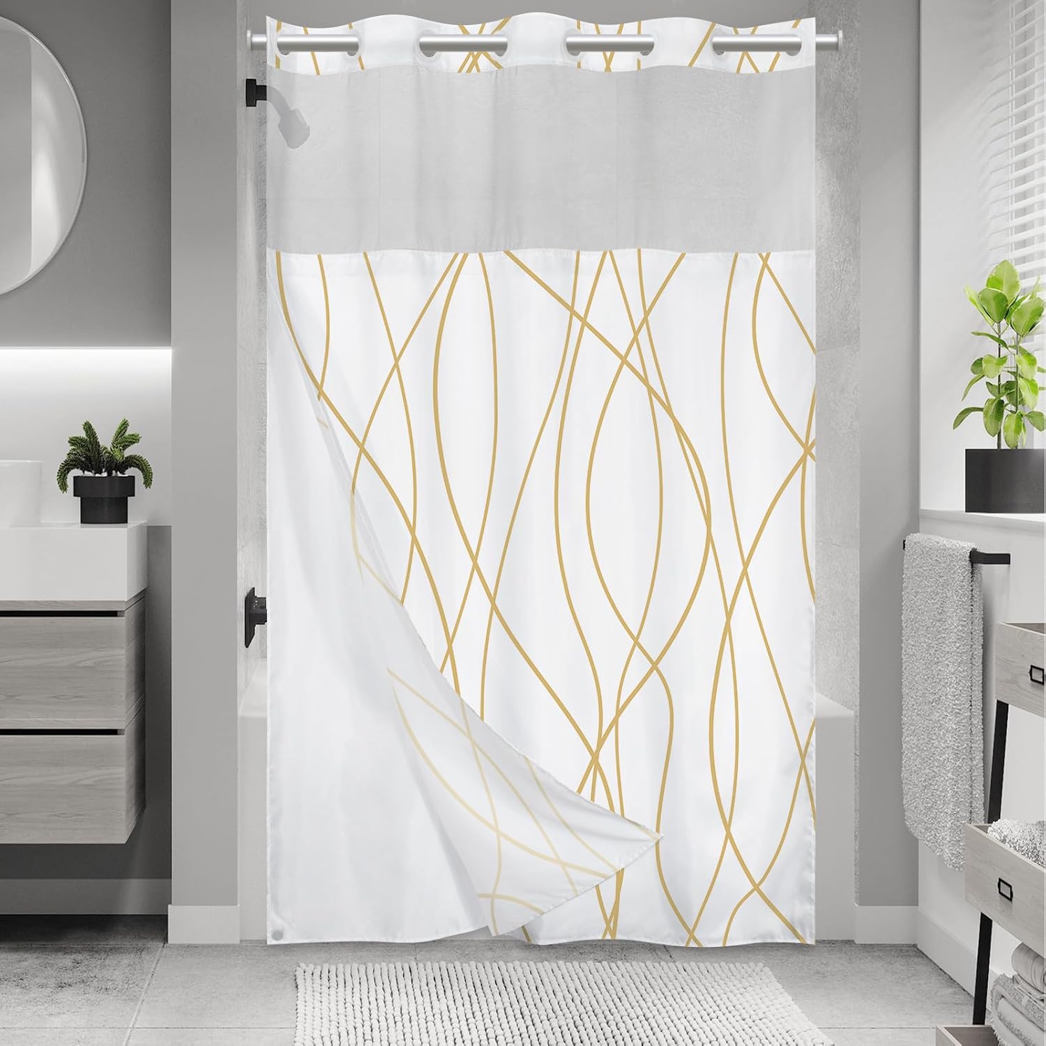 No Hook Gold White Striped Stall Shower Curtain, Special Hotel Shower Curtain an...