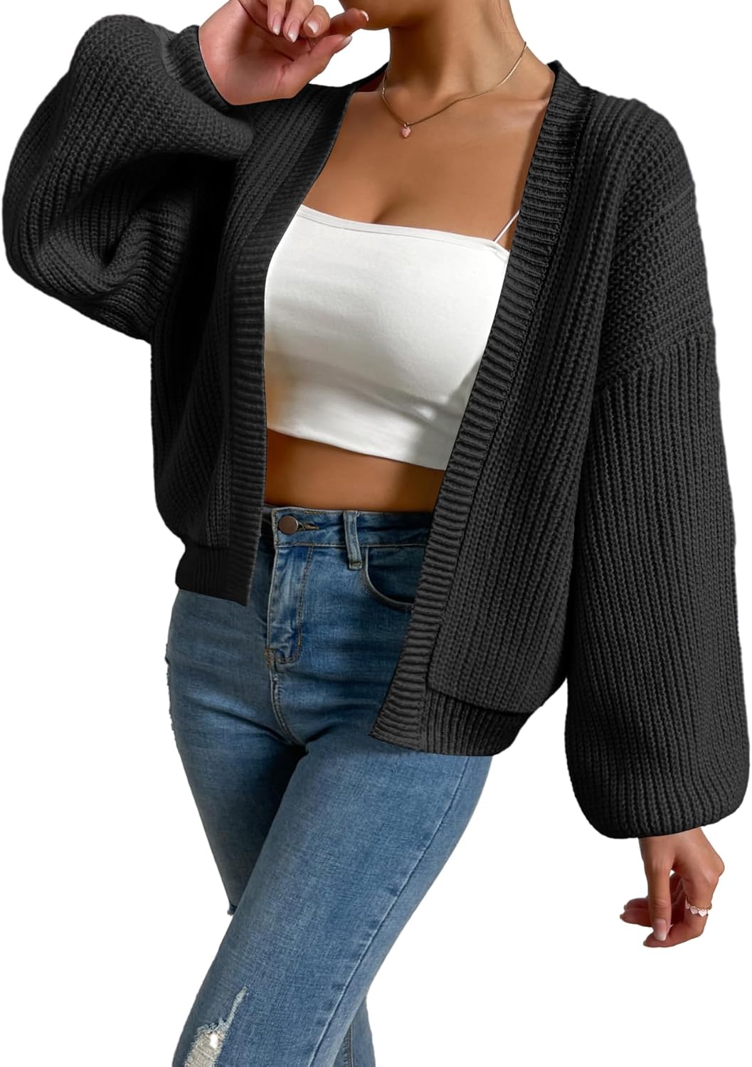 SHENHE Women's Color Block Open Front Long Sleeve Ribbed Knit Cropped Cardigan S...