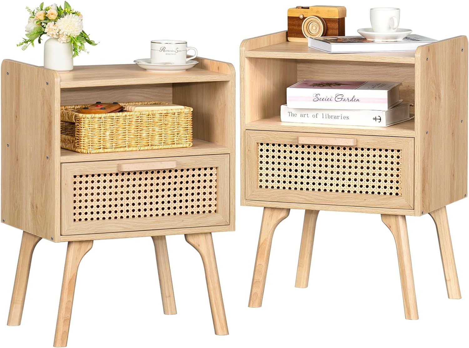 Lerliuo Rattan Nightstands Set of 2, Boho Side Table with Drawer Open Shelf, Can...