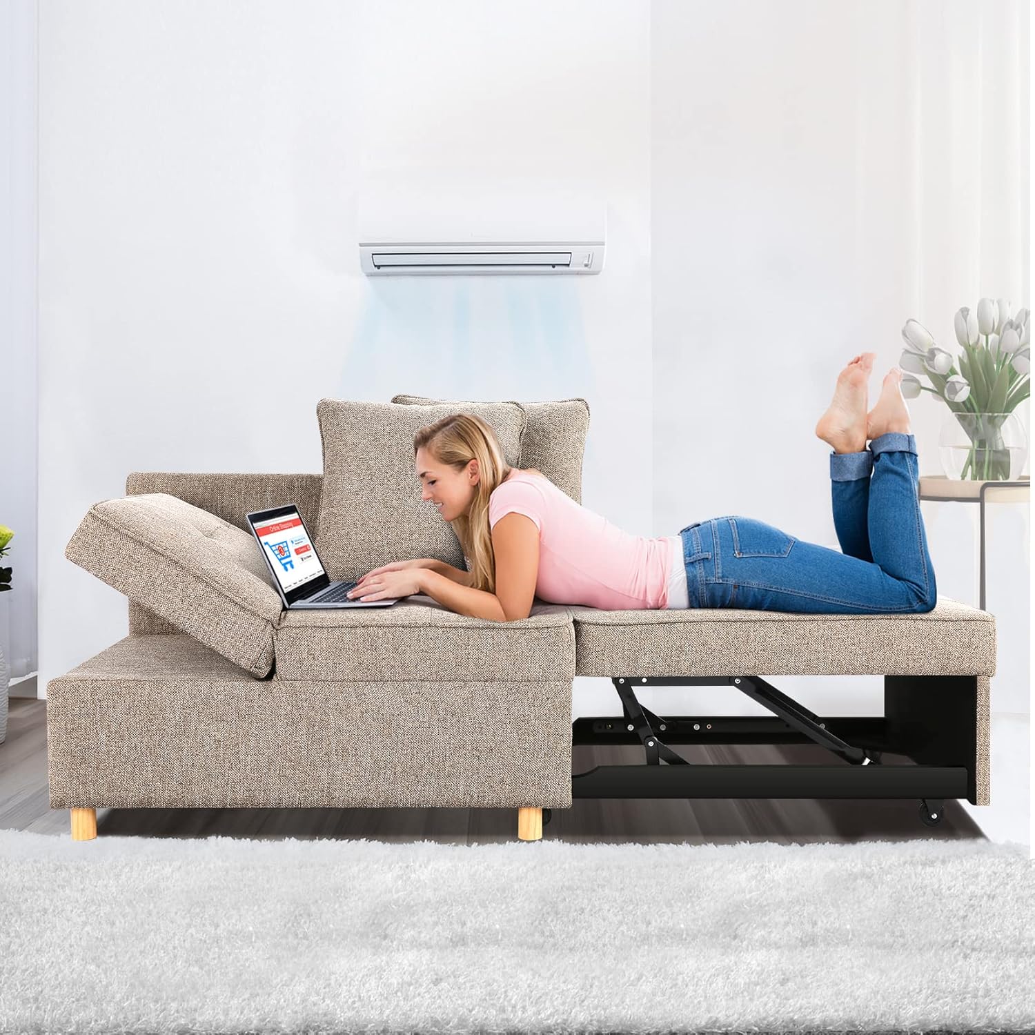 SEJOV Sofa Bed Chair 4-in-1 Convertible Chair Bed, 3-Seat Linen Fabric loveseat...