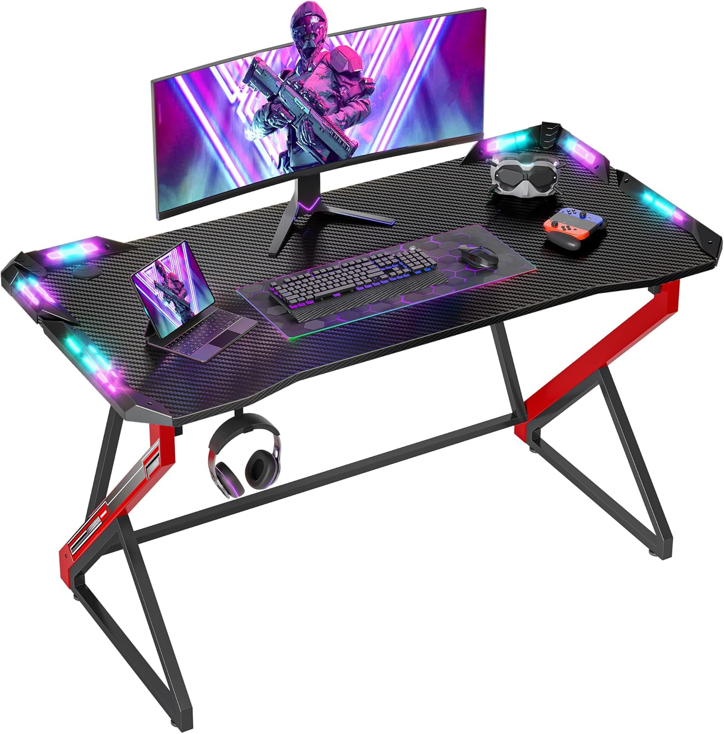 BEXEVUE Gaming Desk with LED Armor, 100x60 cm RGB Computer Desk with Carbon Fibe...