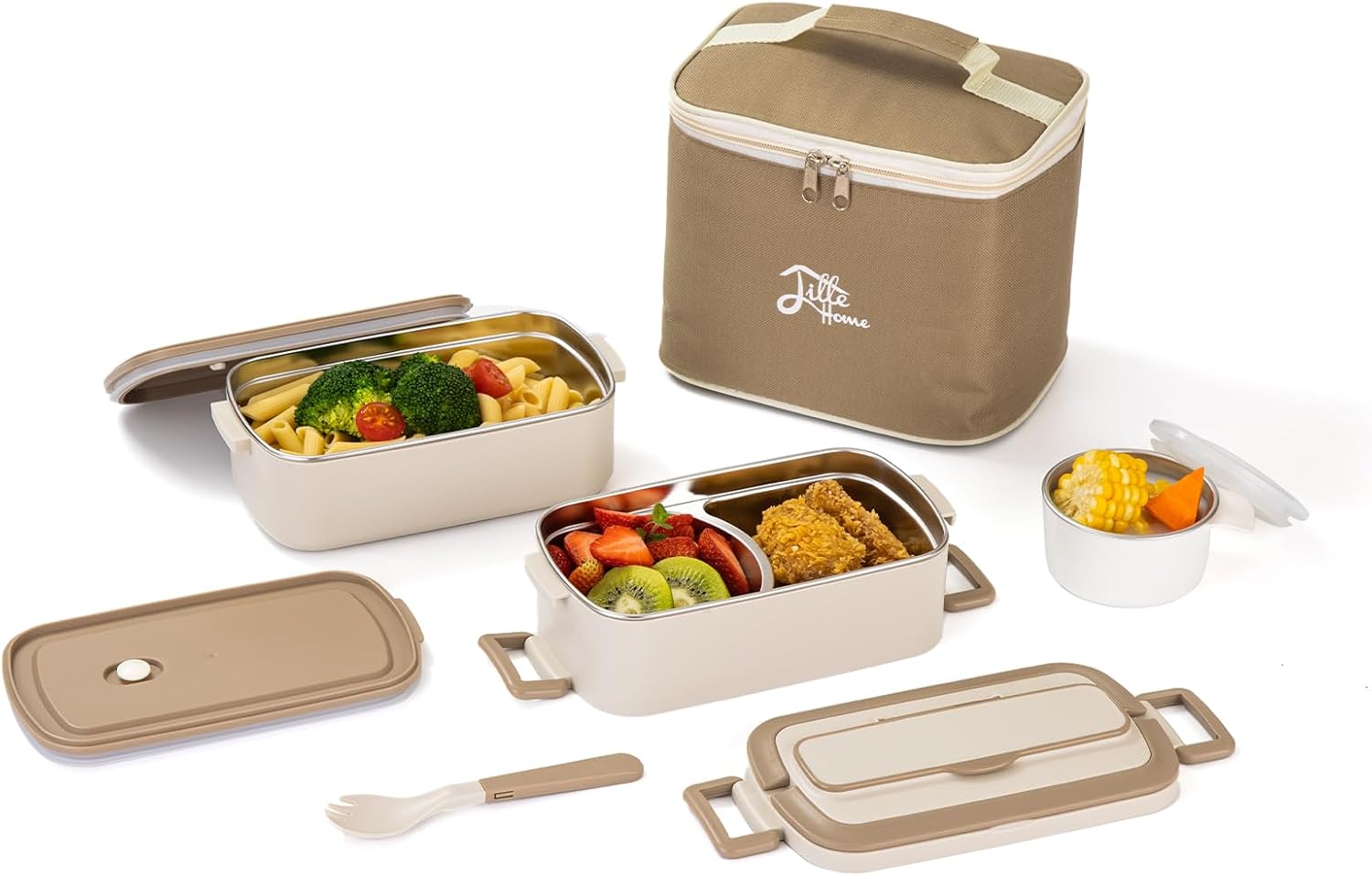 Lille Home Bento Box Adult Lunch Box, Stainless Steel Compartment Tiffin Lunch S...