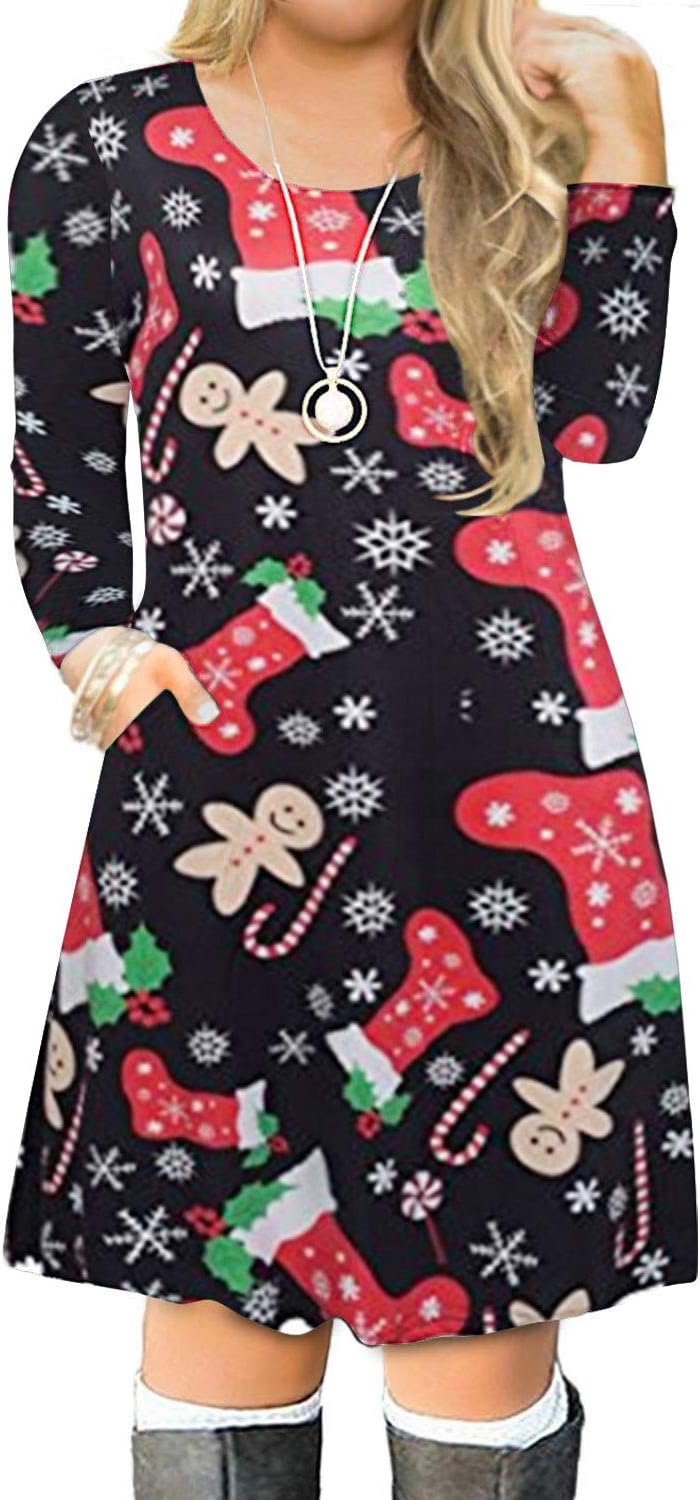 VISLILY Women's Plus Size Christmas Print Dress, Special Casual Swing T-Shirt Dr...