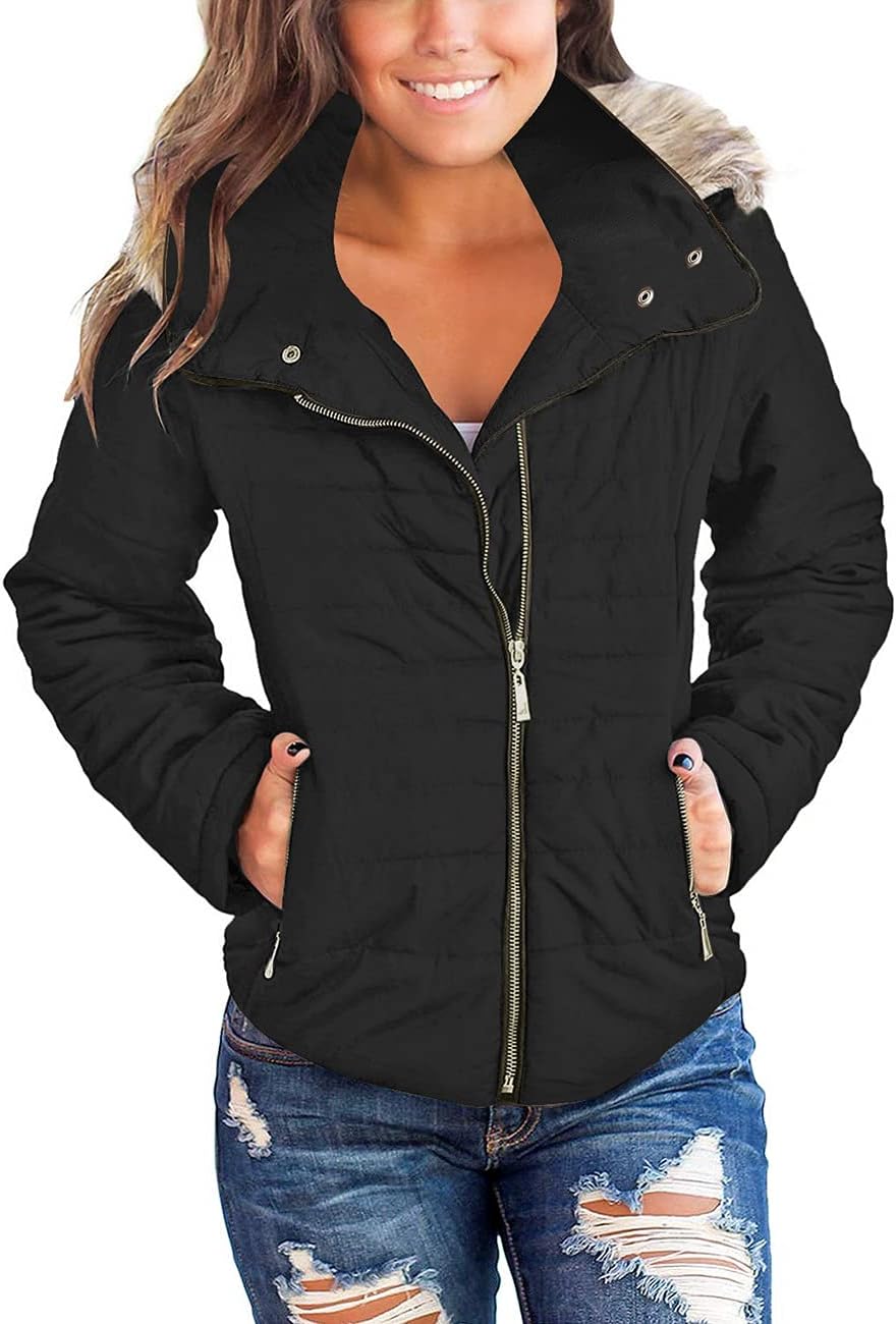 Vetinee Women Casual Faux Fur Lapel Zip Pockets Quilted Parka Jacket Puffer Coat...