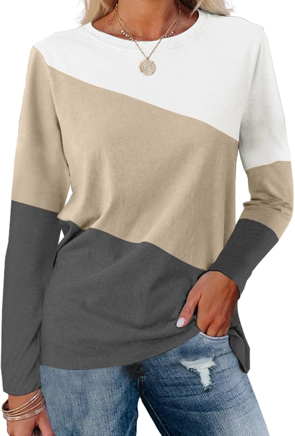 Minetom Women's Color Block Tops, Special Casual Long Sleeve Tunic, Innovative R...