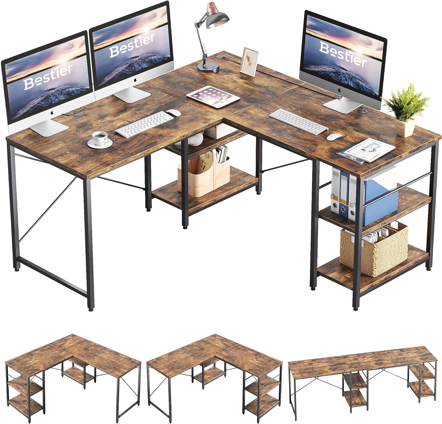 Bestier 150CM Reversible L Shaped Desk with Shelves Industrial Corner Desk 240CM...
