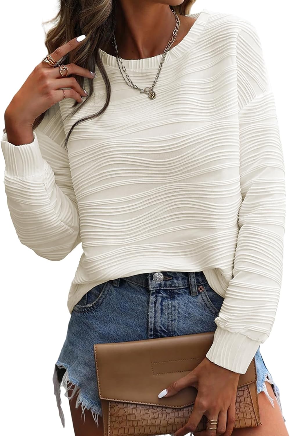 Samefar Womens Casual Tops Crewneck Long Sleeve Shirts Plain Textured Knit Fall...