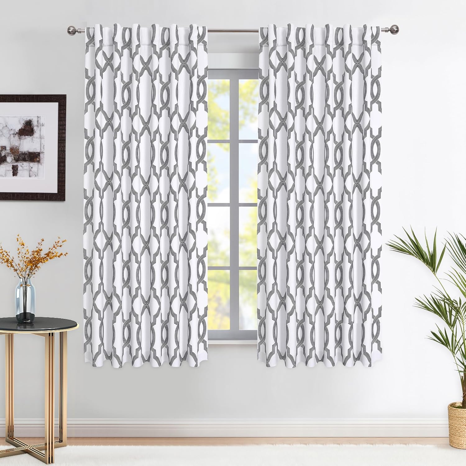 FMFUNCTEX 100% Blackout Curtains 63 Inches Long for Bedroom, Black Grey on White...