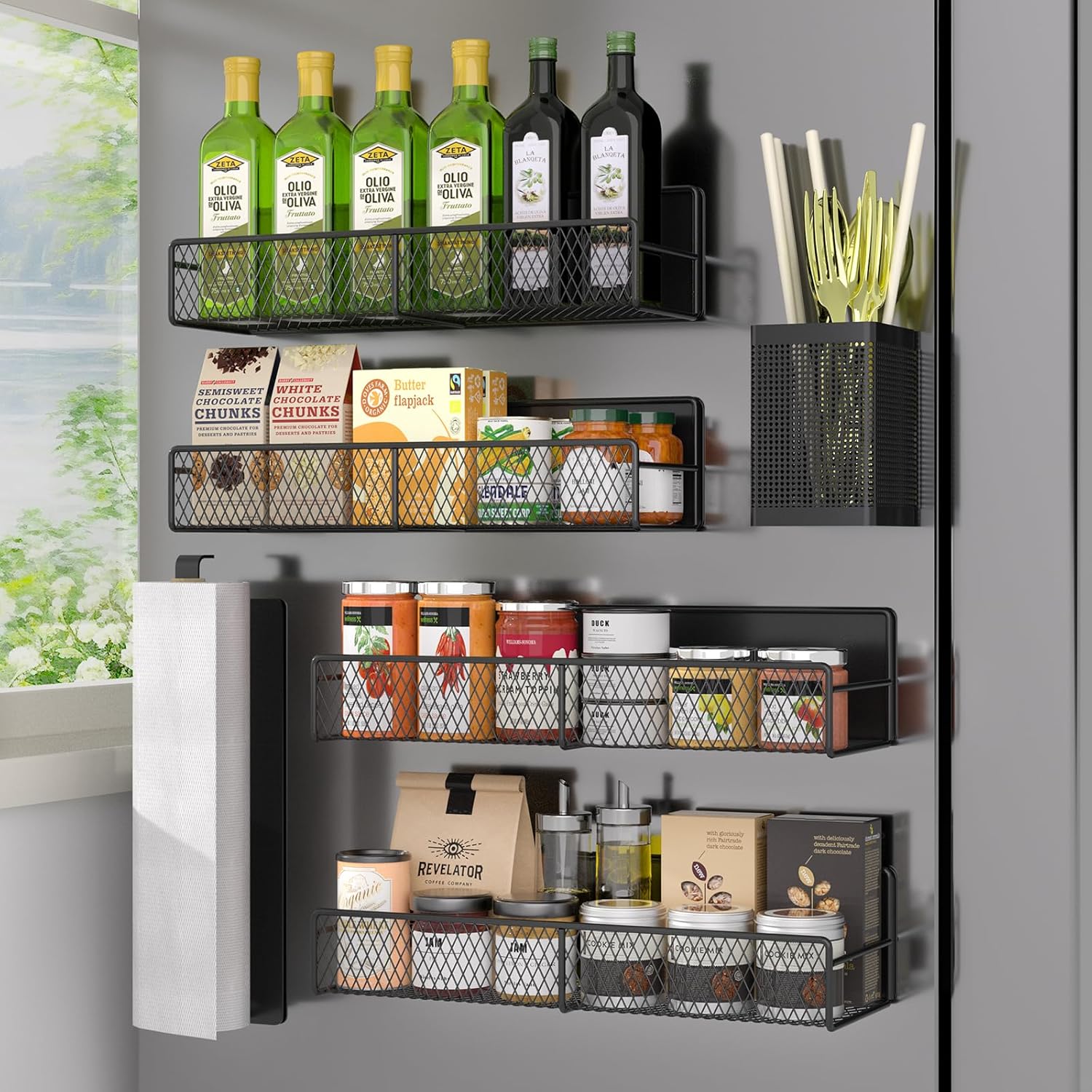Magnetic Spice Rack for Refrigerator, 6 Pack Metal Magnetic Shelf Black, Moveabl...