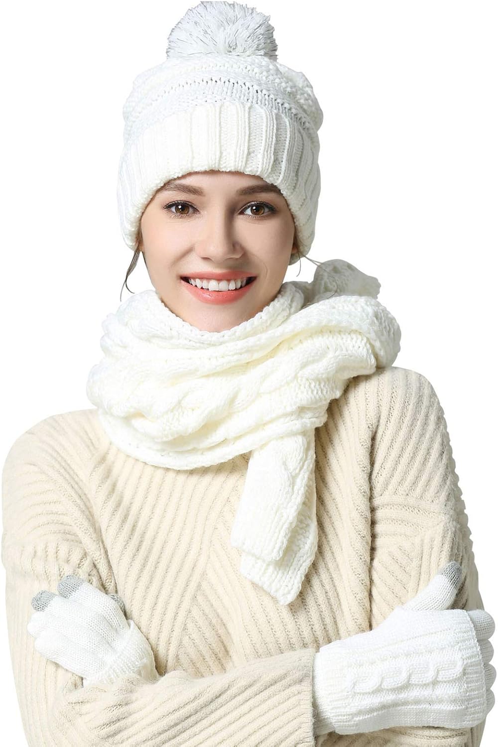 Winter Hat Gloves Scarf Set for Women, Special Cable Knit Beanie Pom Cap, Unique...