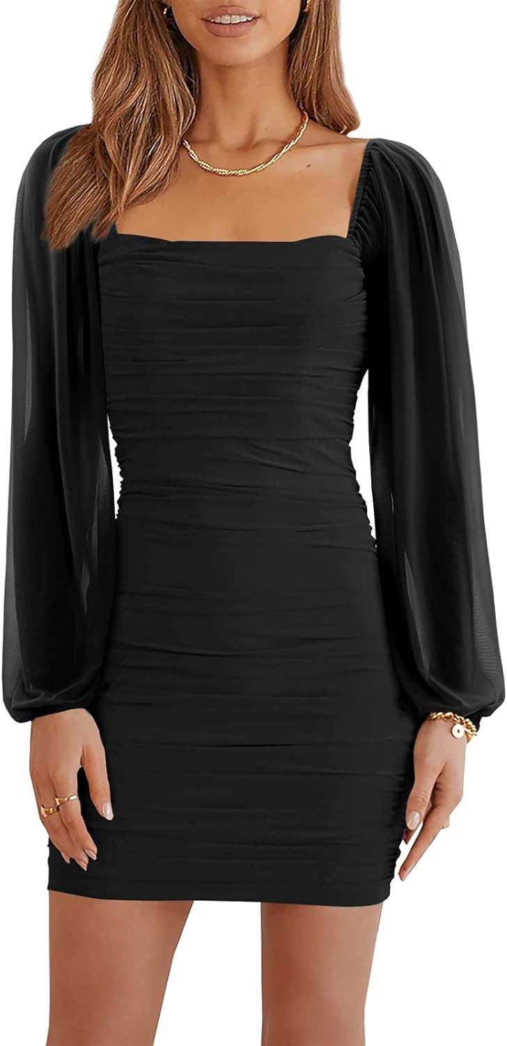 Ofenbuy Women's Mesh Long Sleeve Dress Square Neck Ruched Mini Bodycon Dress Str...