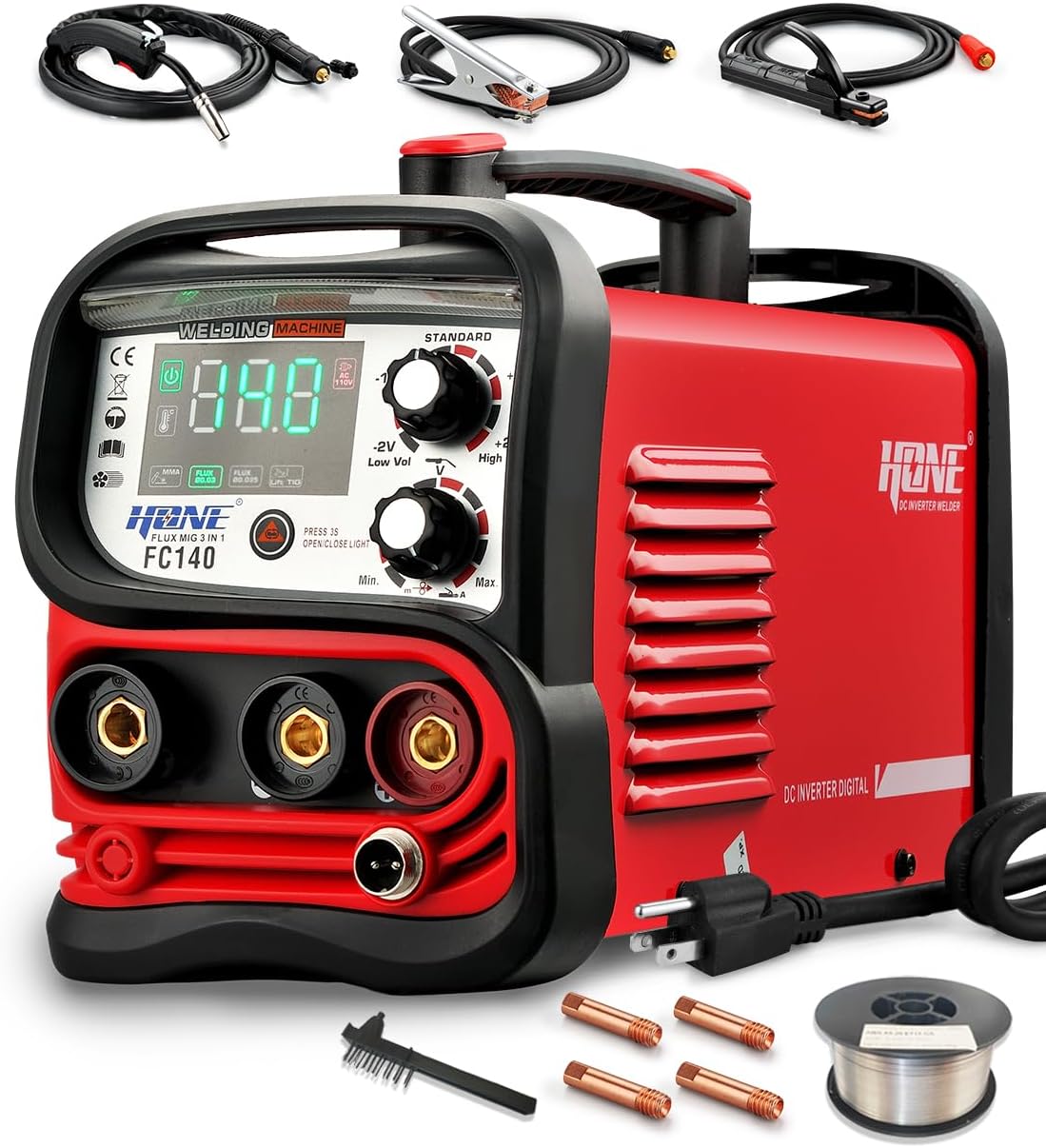 HONE Flux Core Welder 110V, Actual 140Amp MIG Welder 3 in 1 Synergic Gasless Wir...