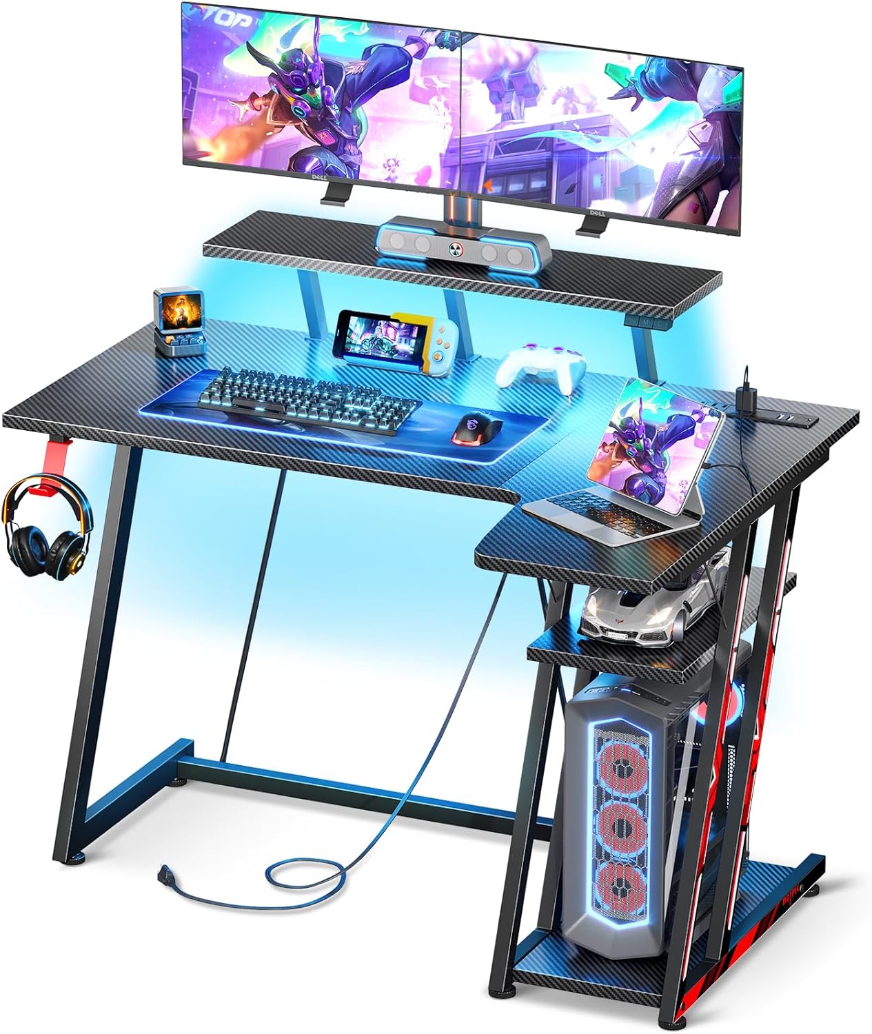 MOTPK Small Gaming Desk with LED Lights & Power Outlets, 39 Inch L Shaped Gaming...