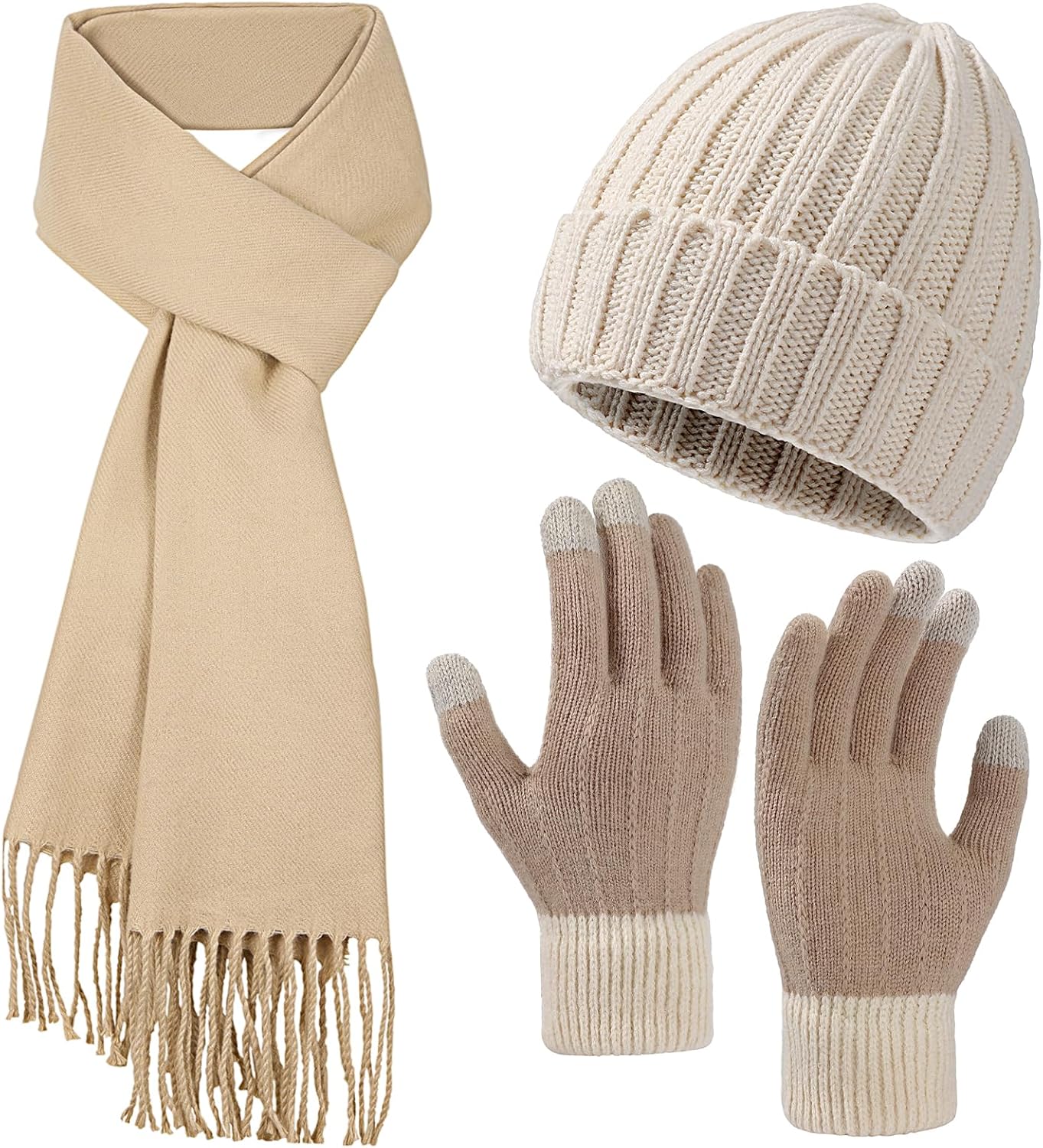 Winter Hat Beanie Long Scarf Touchscreen Gloves Set, 3Pcs Soft Thick Fleece Line...