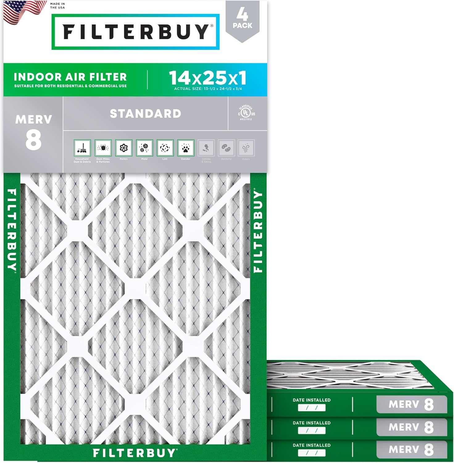 Filterbuy 14x25x1 Air Filter MERV 8 Dust Defense (4-Pack), Pleated HVAC AC Furna...
