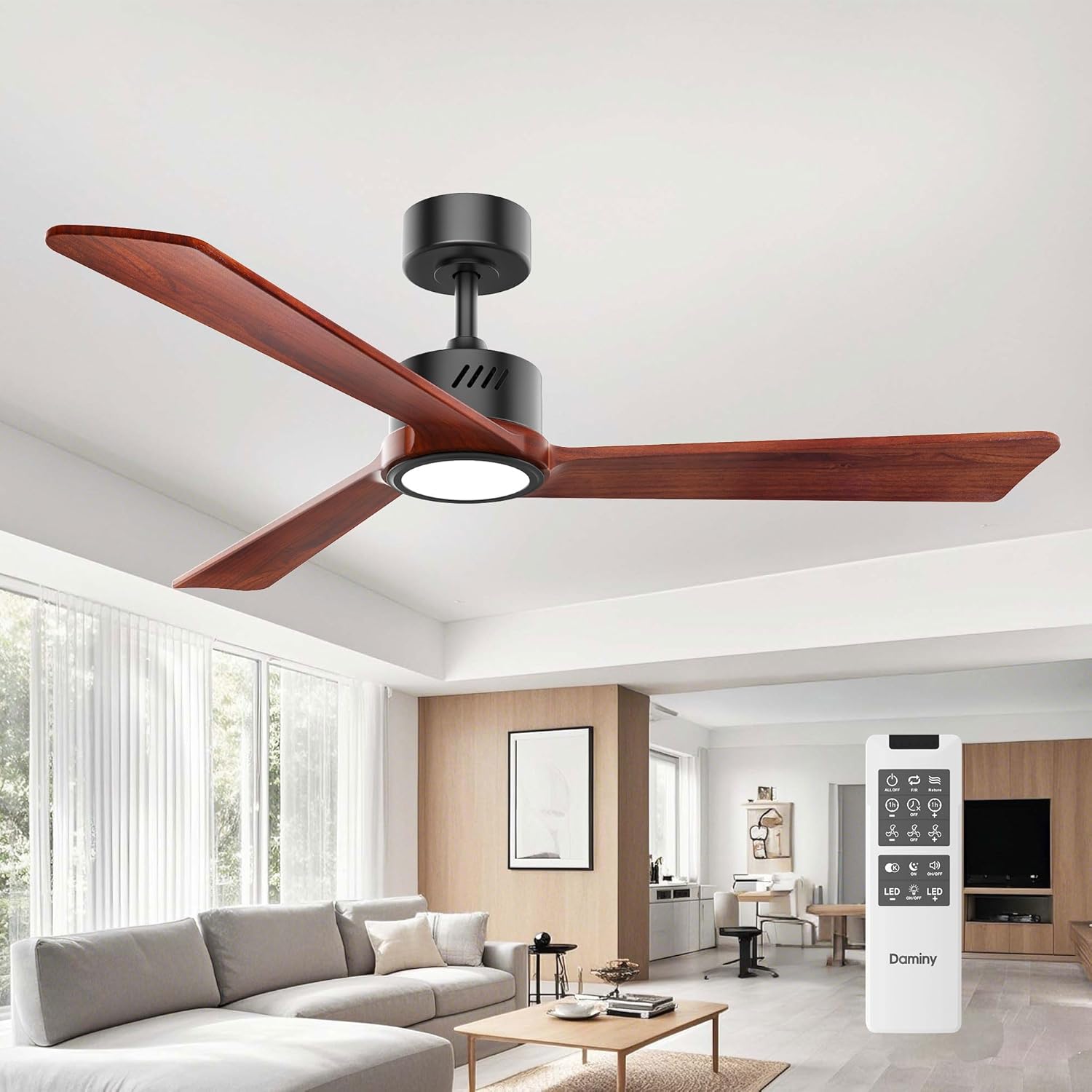 DAMINY Natural Solid Wood 52 inch Ceiling Fan with Light,3 Blade Ceiling Fan wit...