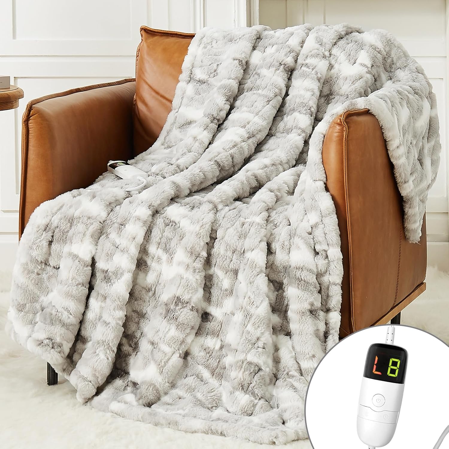 Guohaoi Heated Electric Blanket Throw, Soft Faux Rabbit Fur Heating Blanket with...