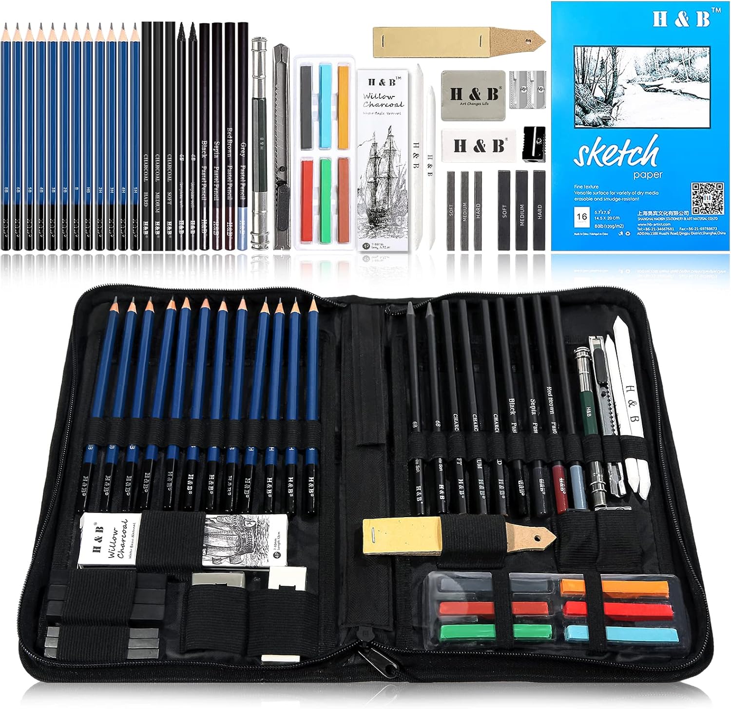 H & B Sketch Pad and Pencil Set 48-Pieces,Drawing Sketching Pencils Set with Ske...