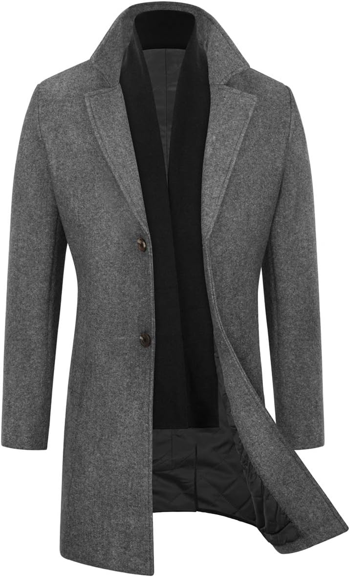 WULFUL Men Wool Trench Coat Slim Fit Winter Coat Grey Medium