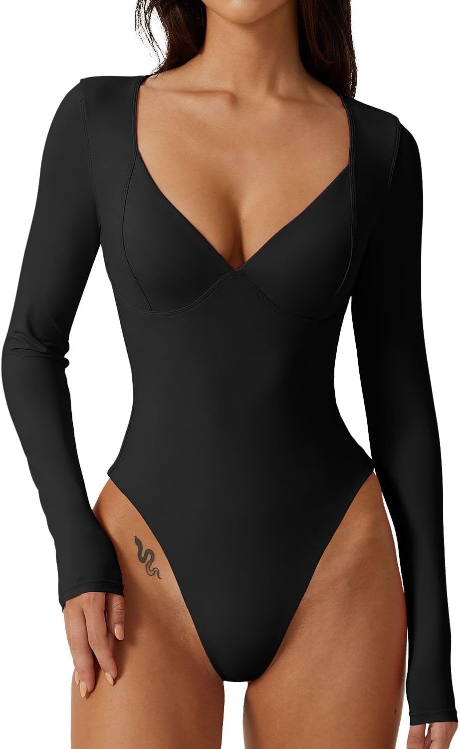 QINSEN Women's Long Sleeve Bodysuit V Neck Body Suits Seamed Cup Going Out Tops...