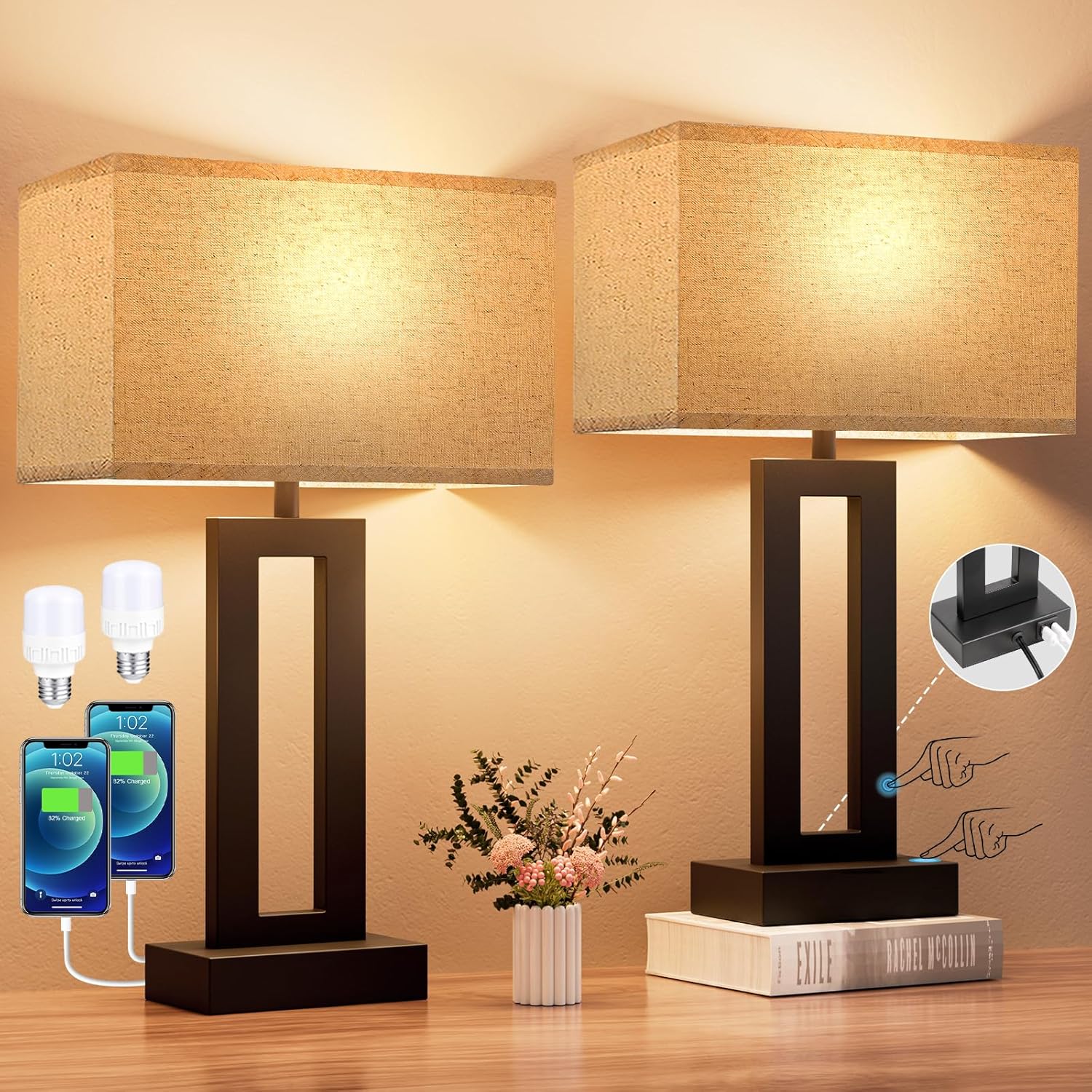 Seealle Bedroom Lamps for Night Stands - Touch Control, 3 Way Dimmable, USB C+A...