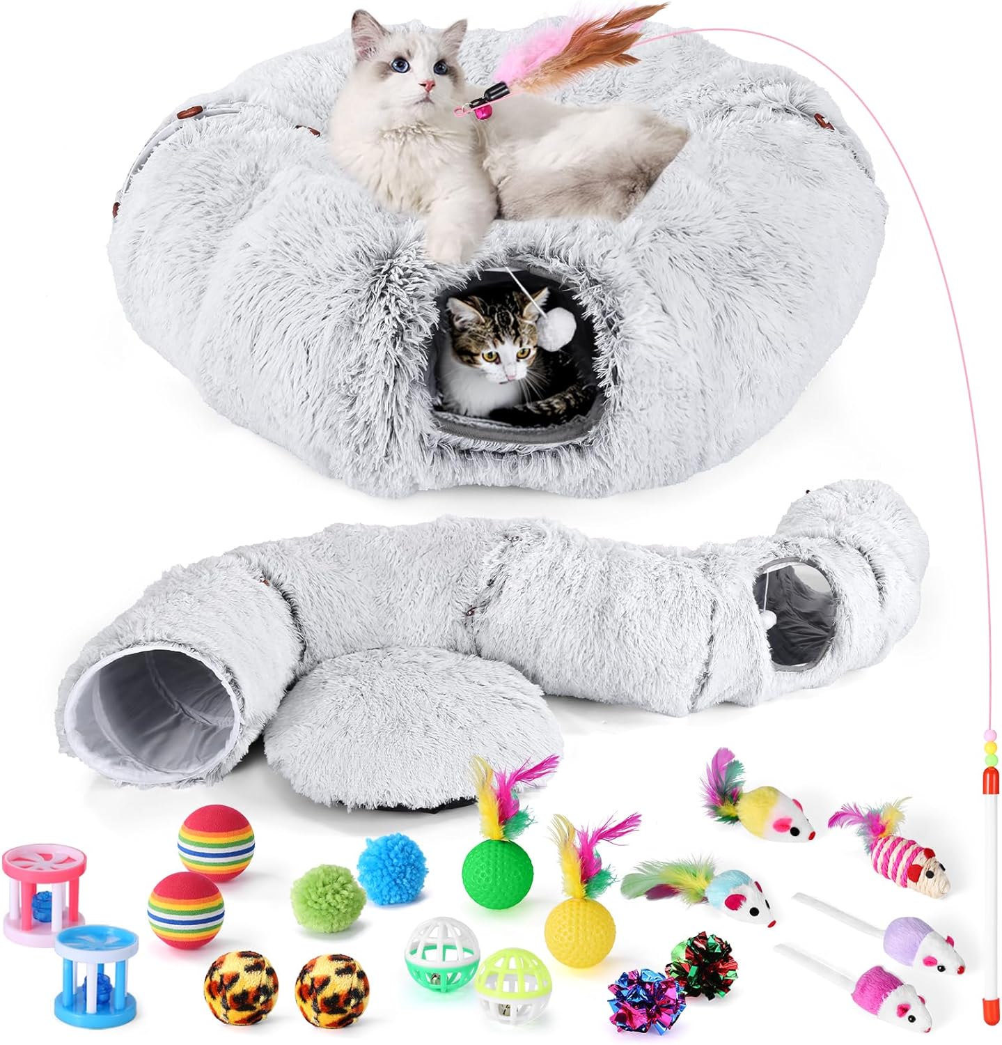 Odoland Large Cat Tunnel Toy with Plush Cat Bed, Foldable Pet Tunnel Bed for Ind...