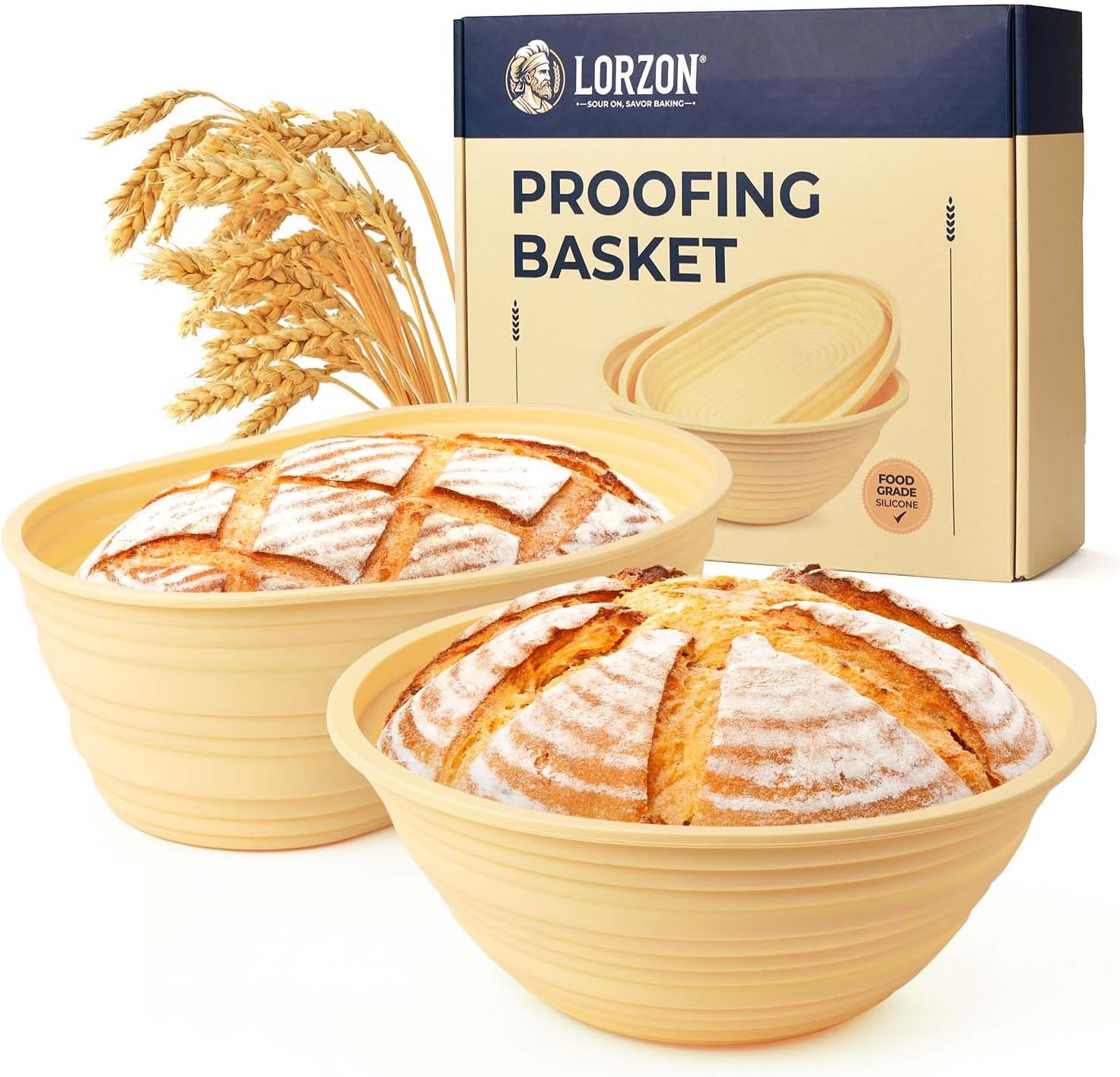 Silicone Banneton Bread Proofing Baskets Set of 2, 9" Round & 10" Oval Foldable...