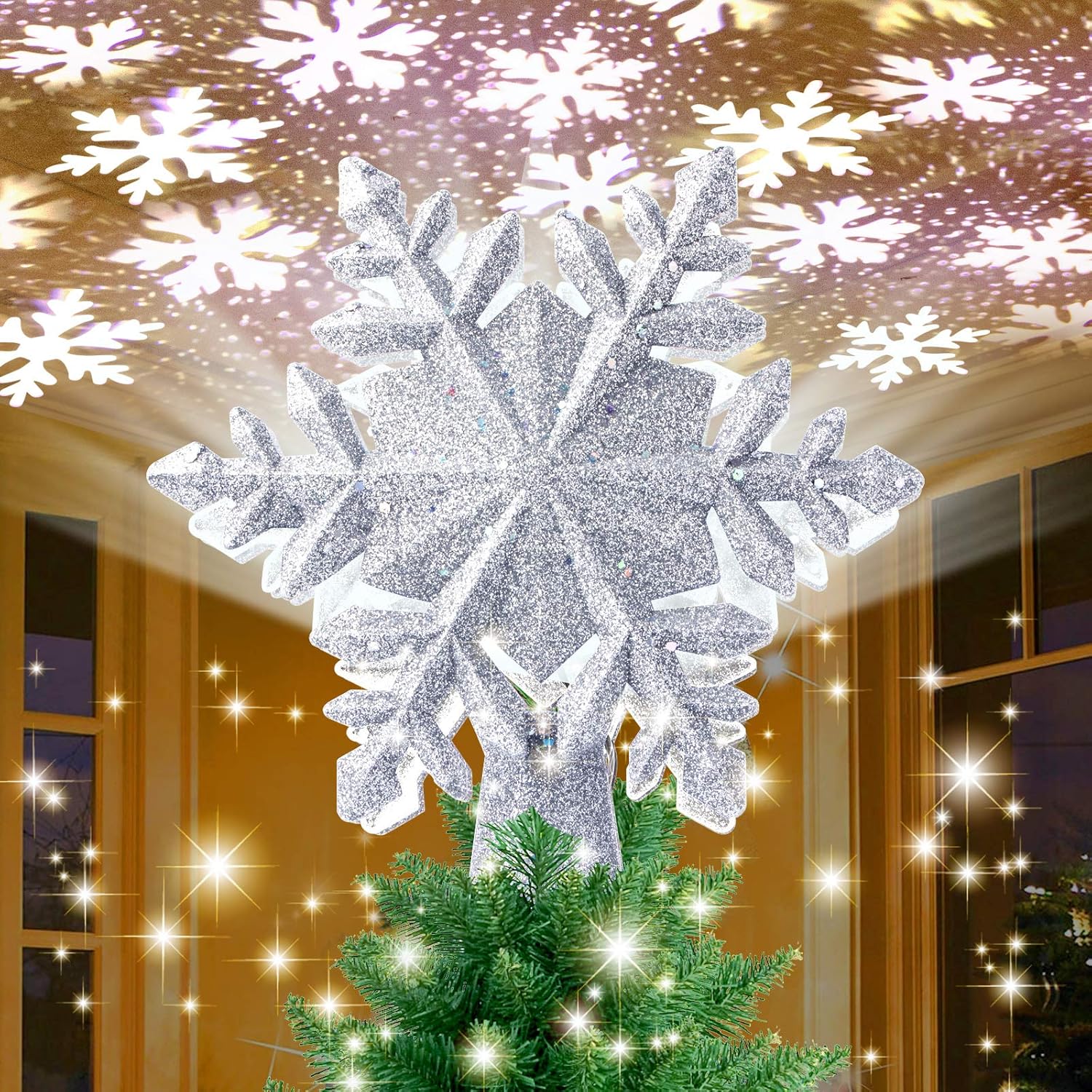 Snowflake Christmas Tree Toppers Lighted, with LED Rotating Snowflake Projector...